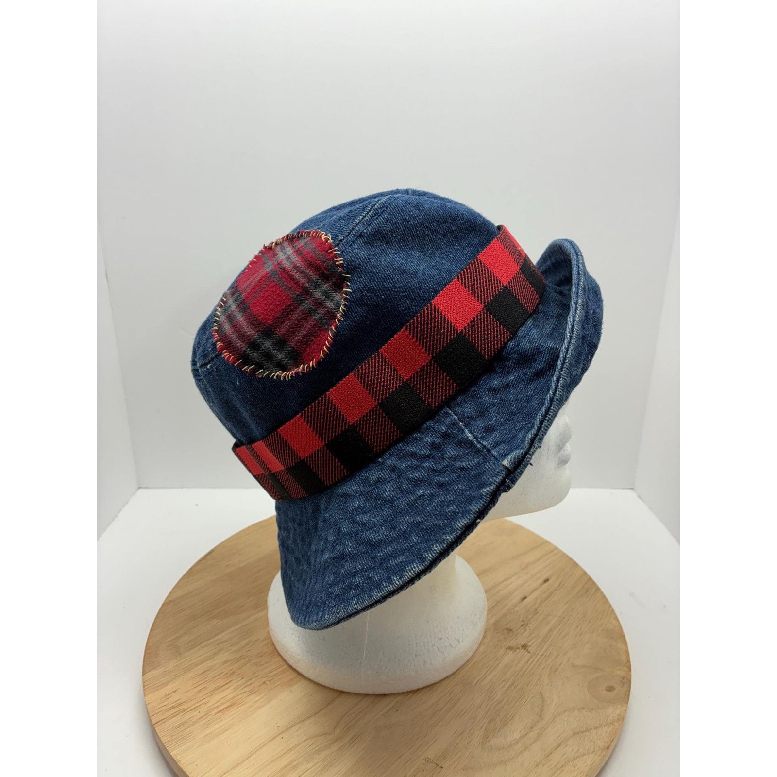 Other Vintage Denim Hat Reworked – Small 22” Red Plaid, Americana Size ONE SIZE - 6 Thumbnail