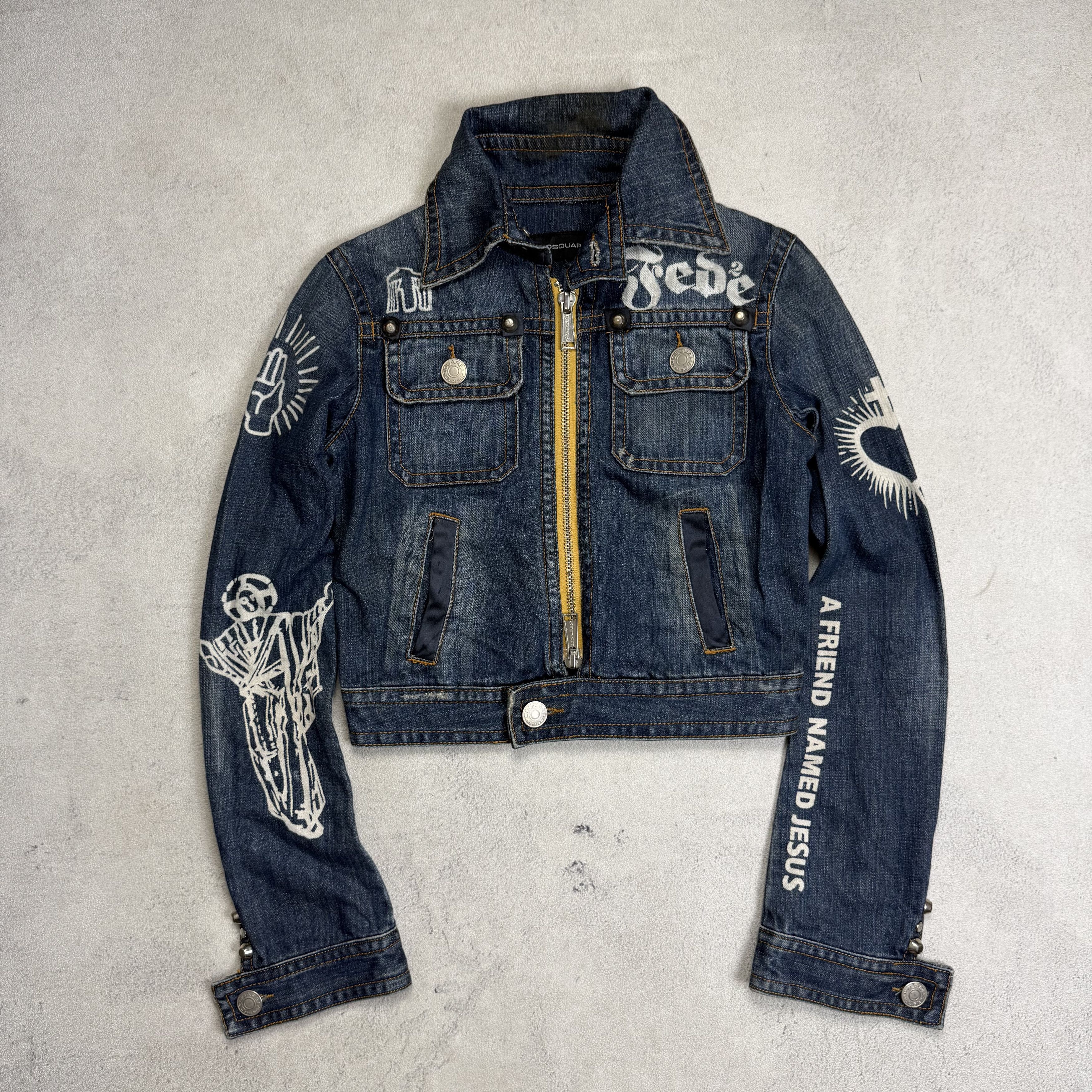 Dsquared2 Dsquared2 FW2005 Jesus Lord Peace Cropped Denim Jacket Size S / US 4 / IT 40 - 1 Thumbnail