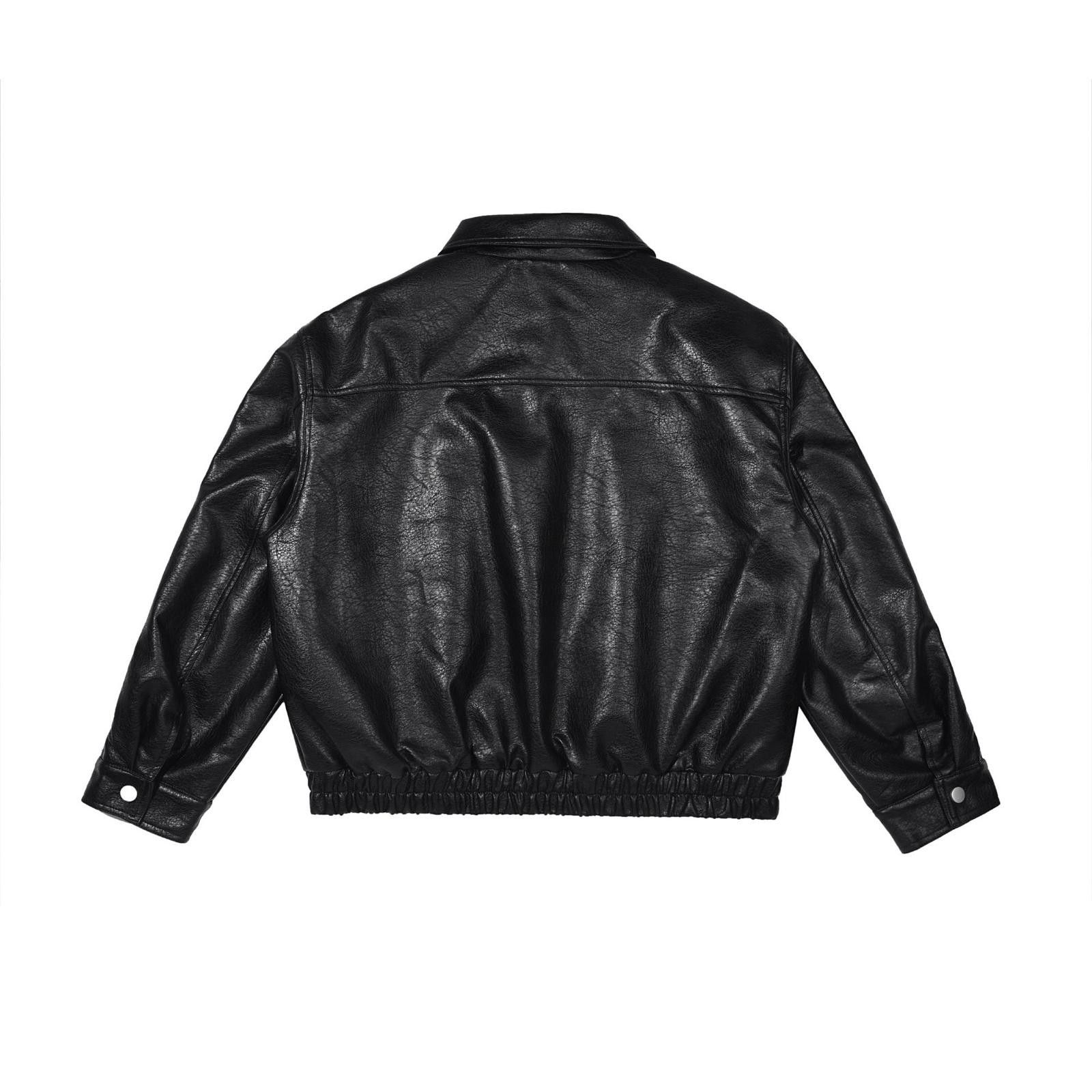 Leather Black Cropped Leather Bomber Jacket, Zip Front Jacket Size US M / EU 48-50 / 2 - 4 Thumbnail