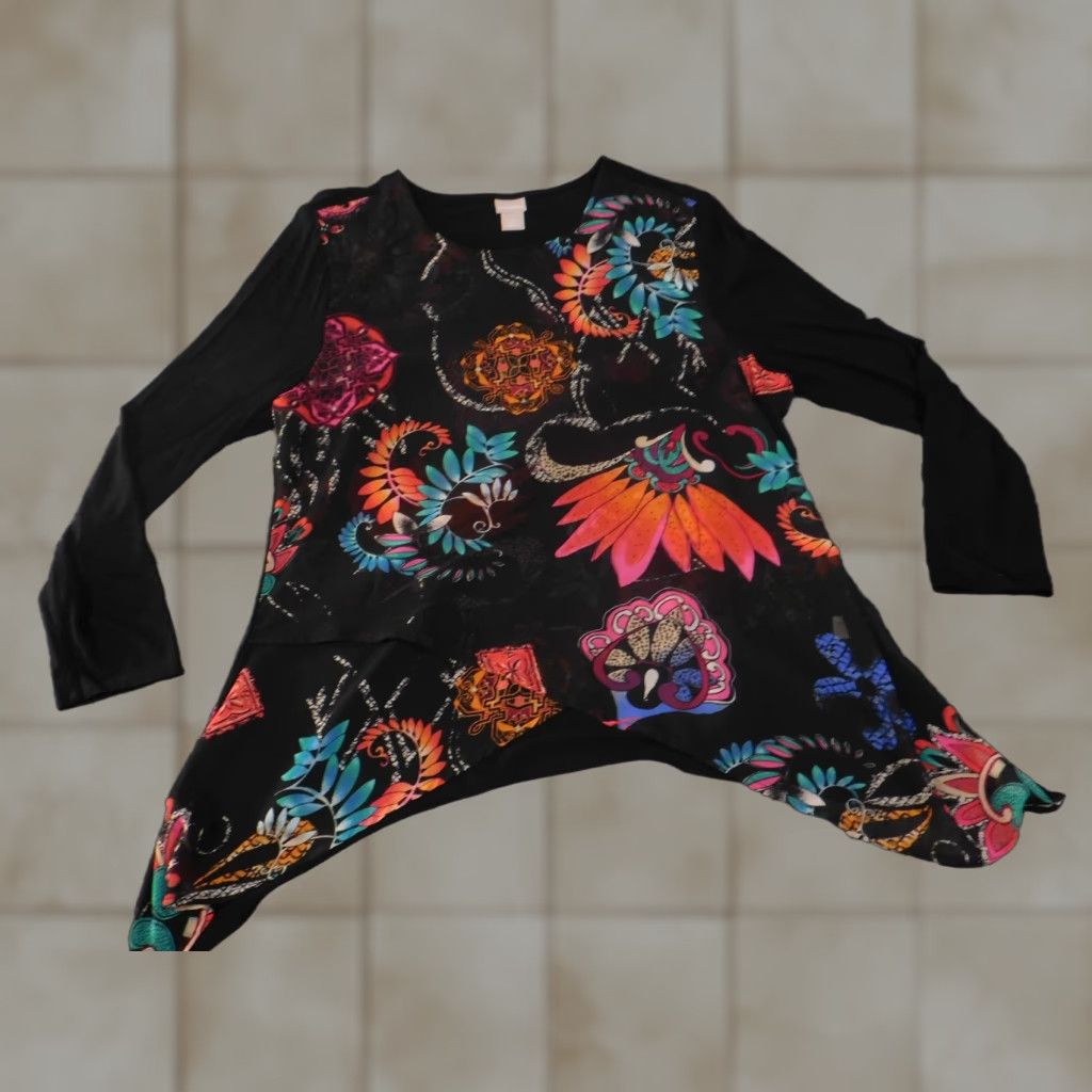 Vintage Chico's Blouse Shirt Womens XL Black Floral Chiffon Sheer Bell Sleeve Scoop Neck Pullover Casual Regular Summer Spring Designer Style Size XL / US 12-14 / IT 48-50 - 1 Thumbnail