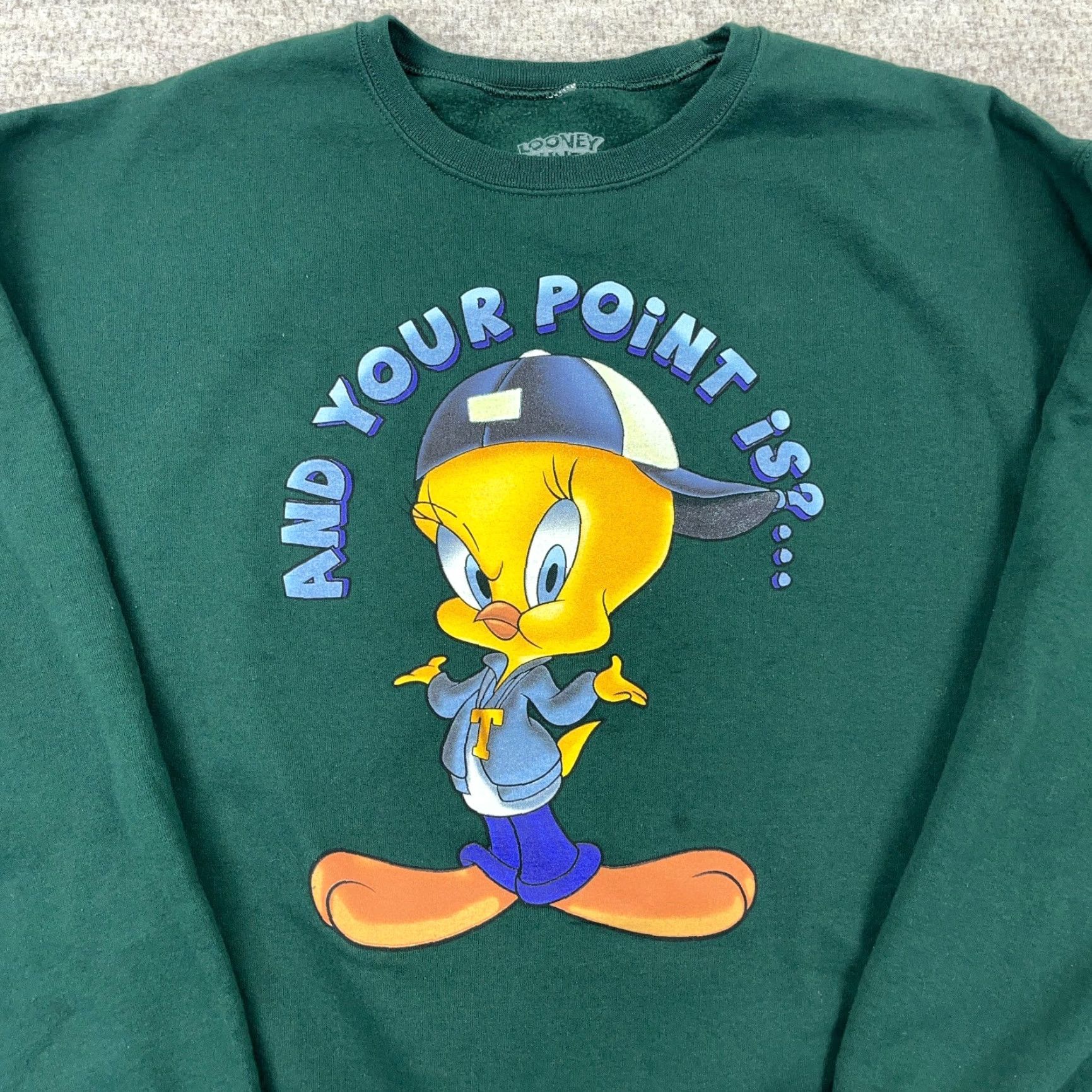 Vintage Looney Tunes Sweatshirt Adult XL Green Crewneck Tweety Retro Logo Graphic Print Casual Pullover Regular Fit Size XL / US 12-14 / IT 48-50 - 2 Thumbnail