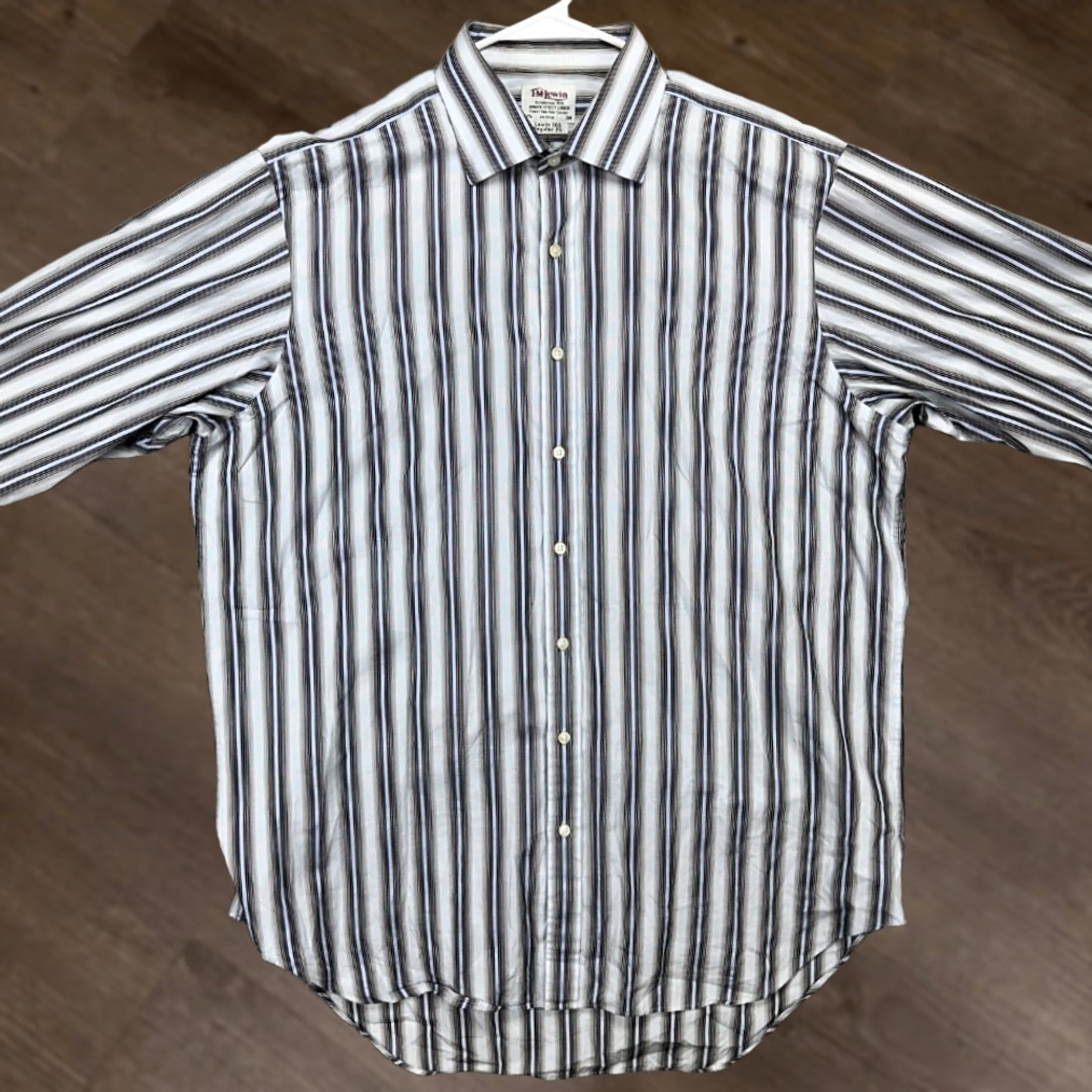 Vintage T.M. Lewin Dress Shirt Men 17.5-38 Light Blue Black Stripe Button Up Regular Fit Shirt Mens Long Sleeve Cotton Striped French Cuff Size 48R - 1 Thumbnail