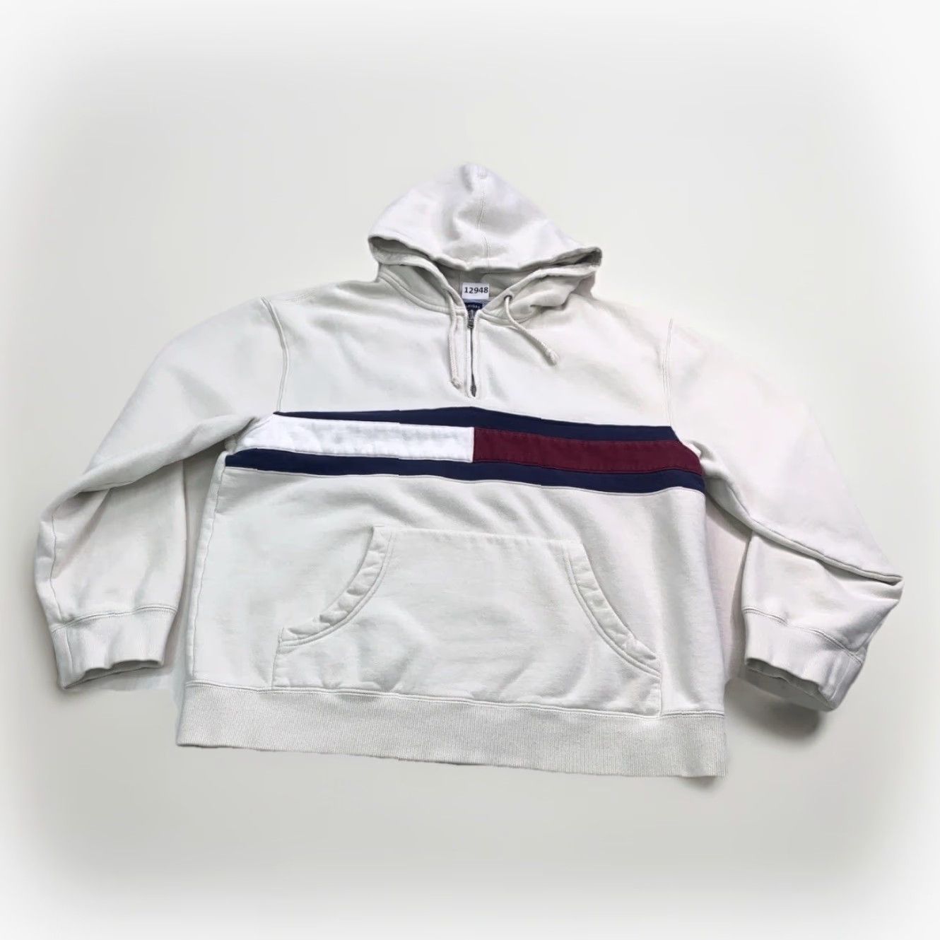 Tommy Hilfiger VINTAGE Tommy Hilfiger Logo Block Quarter Zip Hoodie Mens M Ivory 90s 2000s Y2K Heavyweight Pocket Hooded Pullover Size US M / EU 48-50 / 2 - 2 Thumbnail
