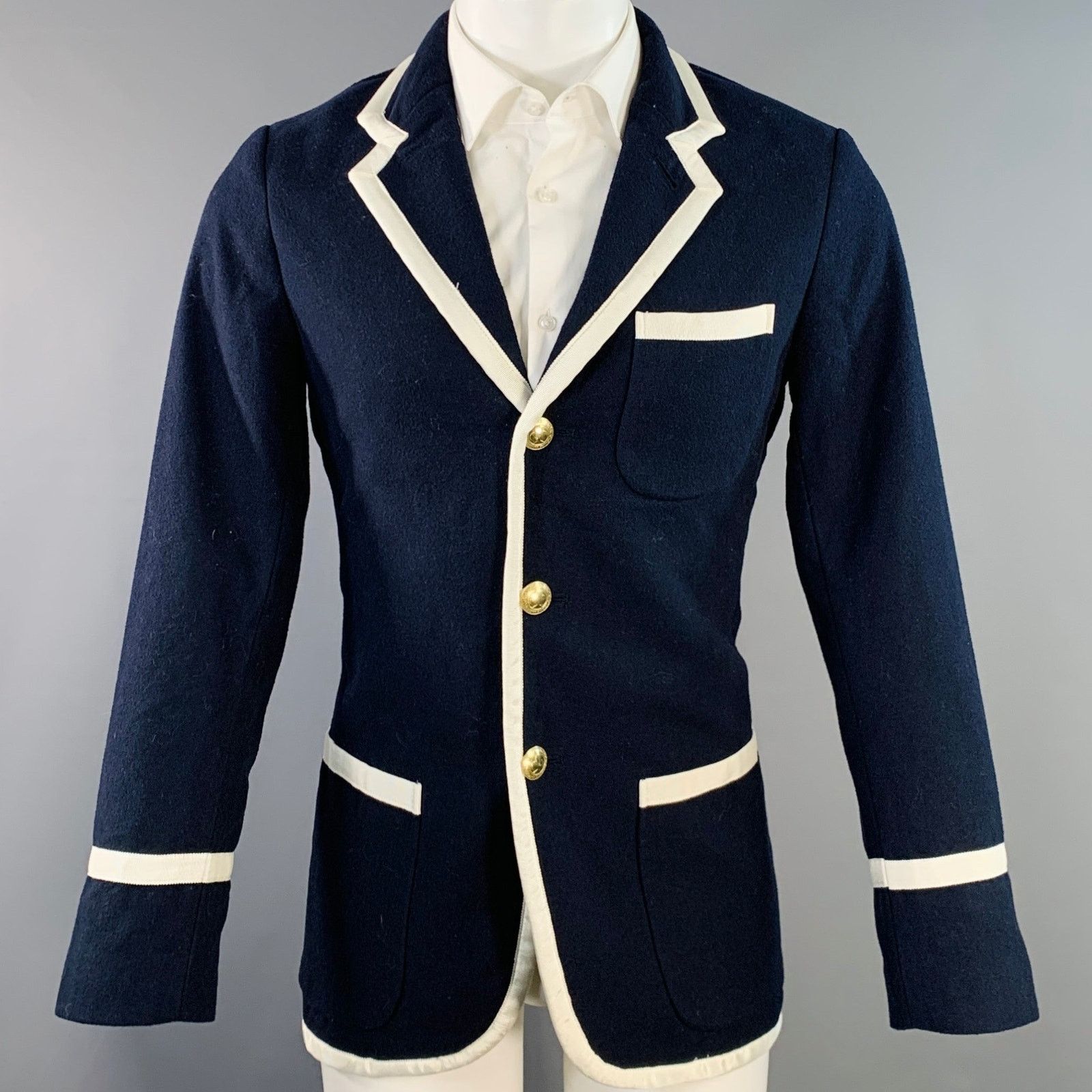 Rowing Blazers ROWING BLAZERS Navy White Polyester Notch Lapel Sport Coat Size 40R - 1 Thumbnail