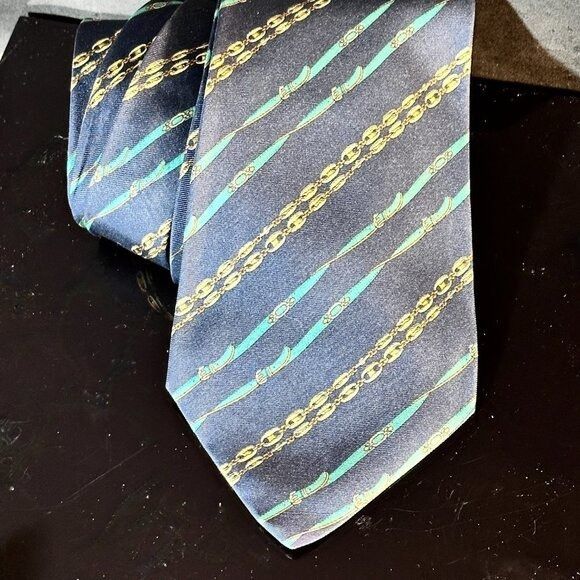 Gucci Gucci Logo Silk Tie Kelly Green Blue Striped Gold Link Chain Size ONE SIZE - 2 Thumbnail