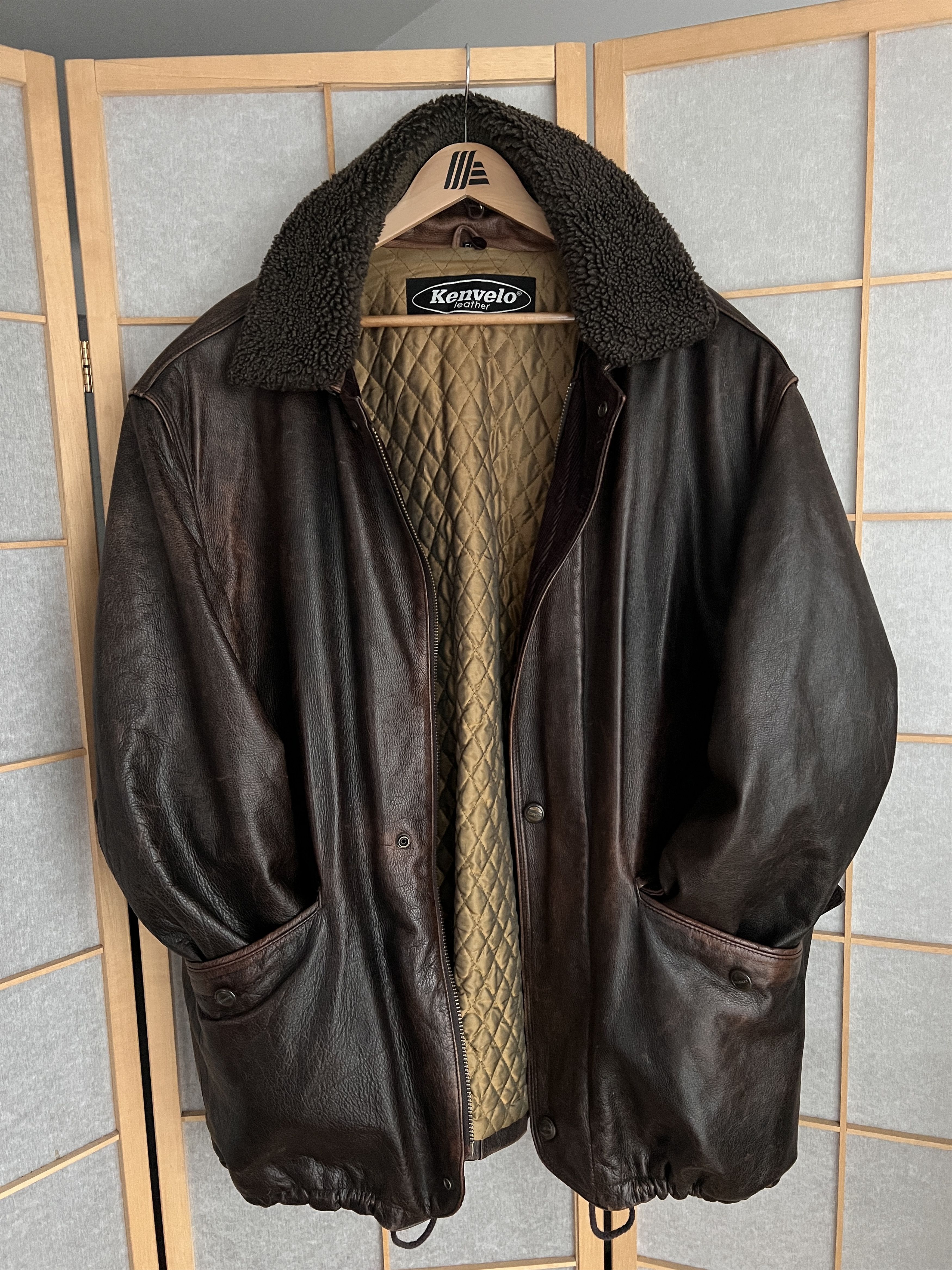 Other Crazy fit! VTG 90s Leather long hard coat jacket fur collar Size US XL / EU 56 / 4 - 21 Thumbnail