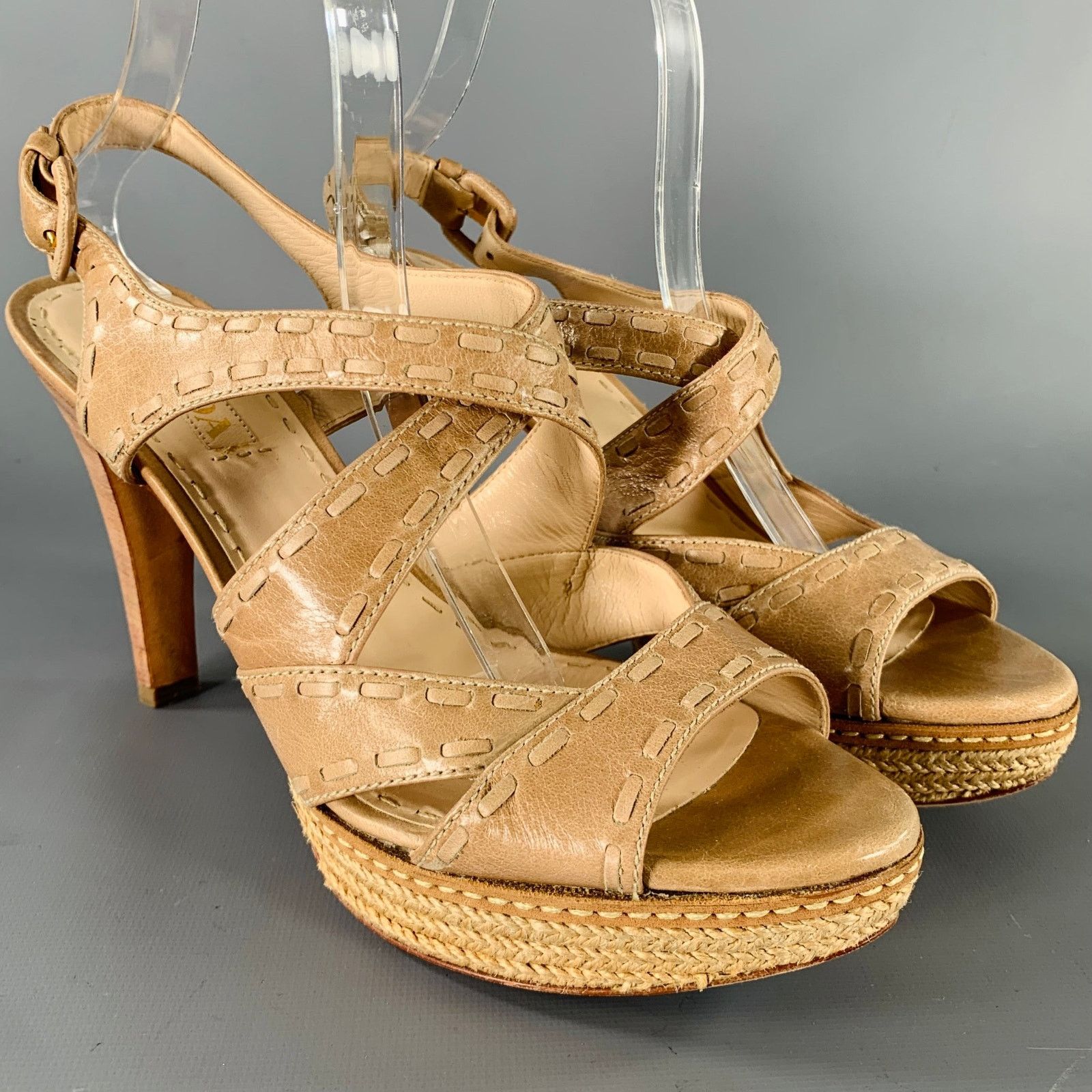 Prada PRADA Size 11 Beige Taupe Leather Woven Espadrille Sandals Size US 11 / IT 41 - 1 Thumbnail