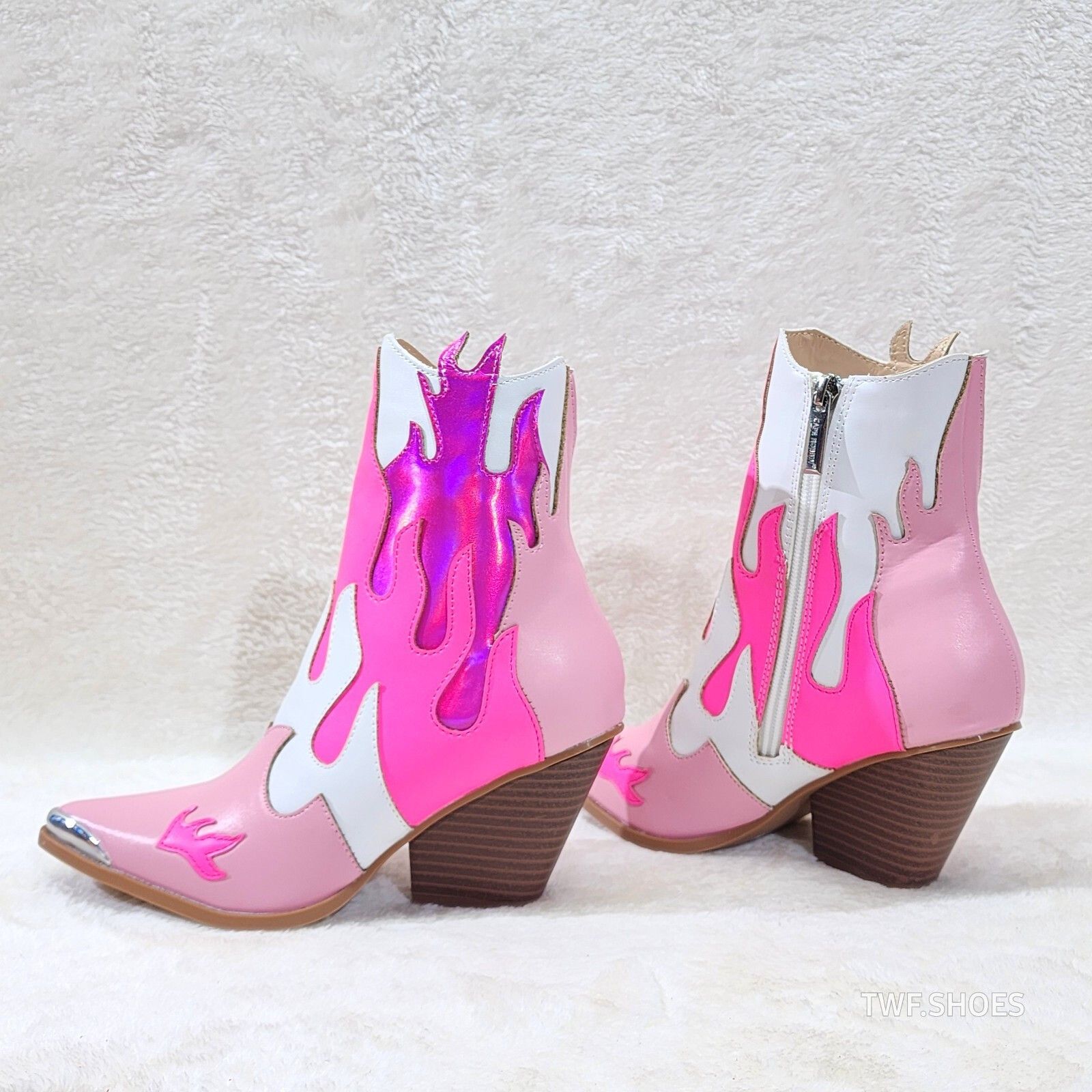 Western Flame Cowgirl Ankle Boots Pink Fire Color Block Coun