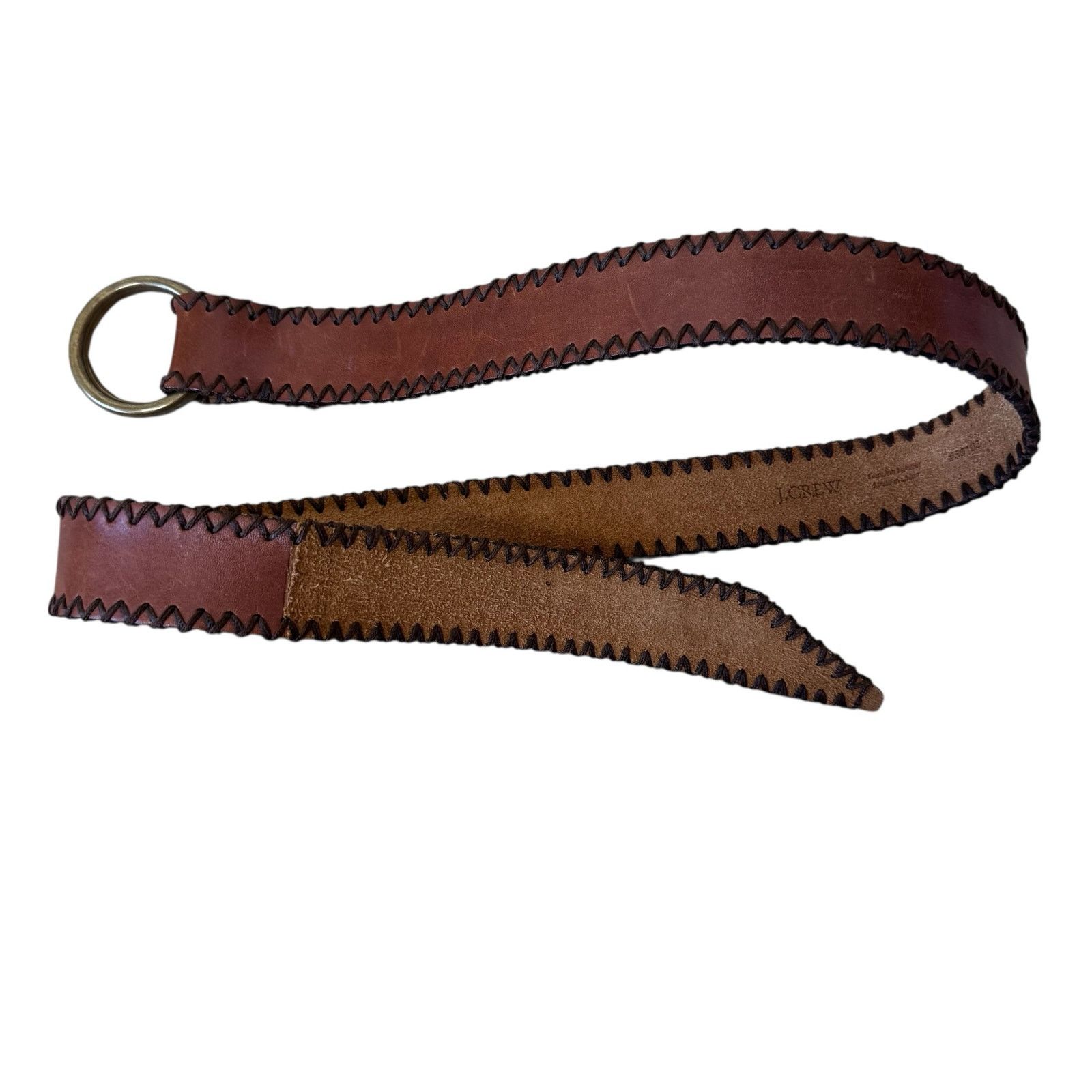 J.Crew J. CREW Brown Leather Double O Brass Ring Adjustable Belt Size ONE SIZE - 2 Thumbnail