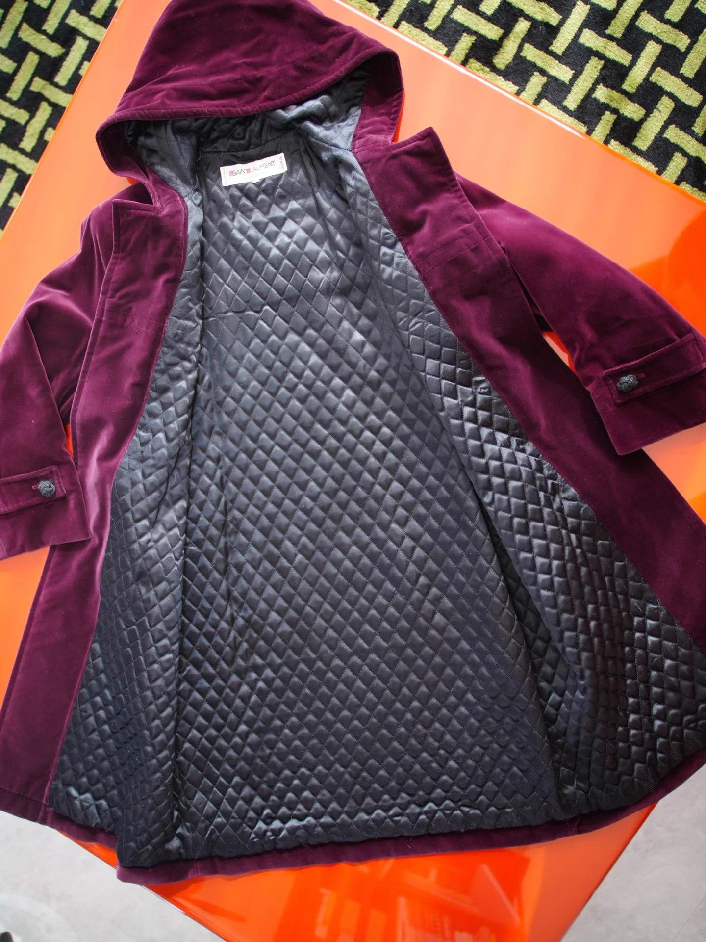 Yves Saint Laurent YSL Rive Gauche Dark Plum Velvet Quilted Hooded Coat Size XS / US 0-2 / IT 36-38 - 3 Thumbnail