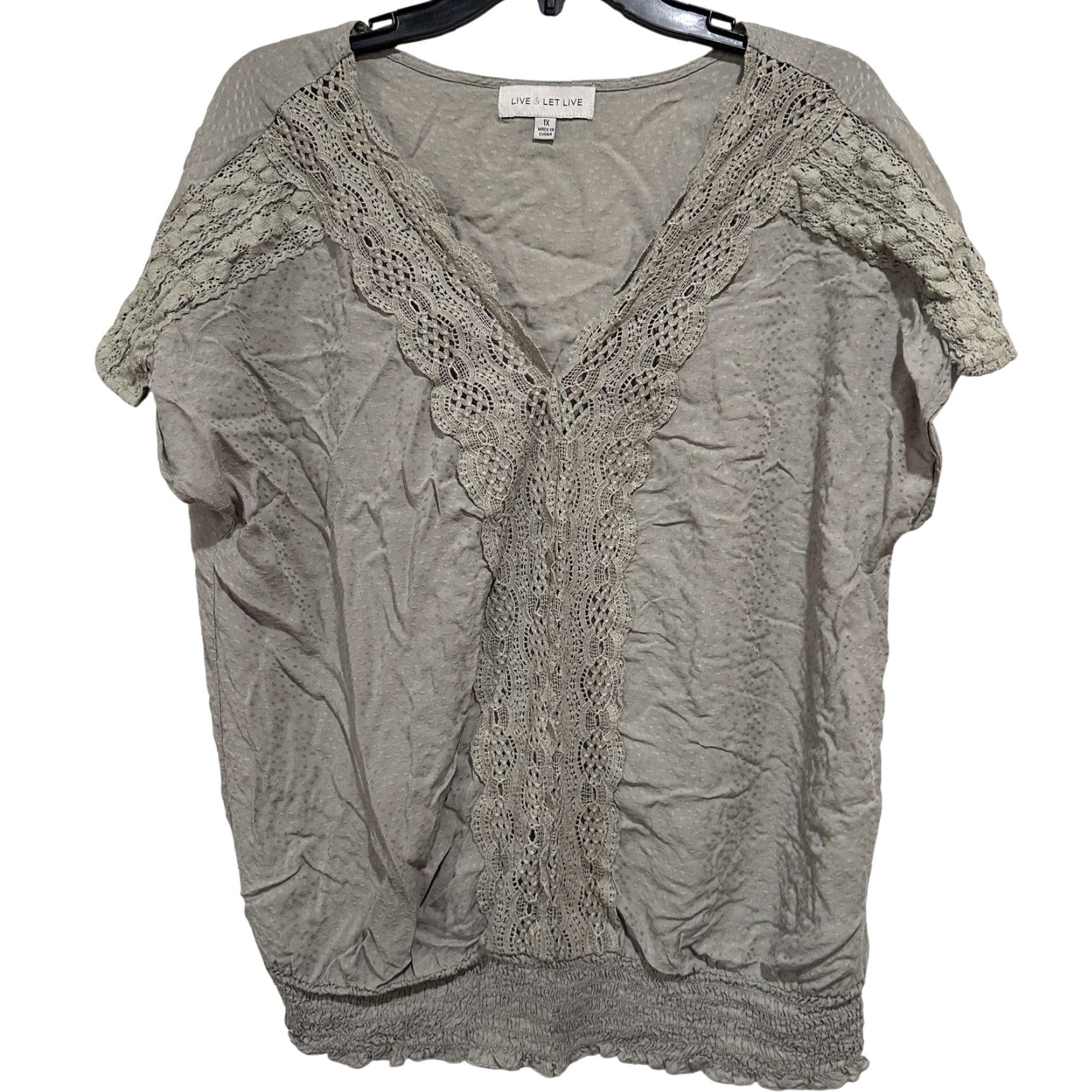 Olive Live & Let Live Blouse 1X Sage Green V-Neck Crochet Ruffle Dolman Short Sleeve Plus Size Women Size XL / US 12-14 / IT 48-50 - 2 Thumbnail