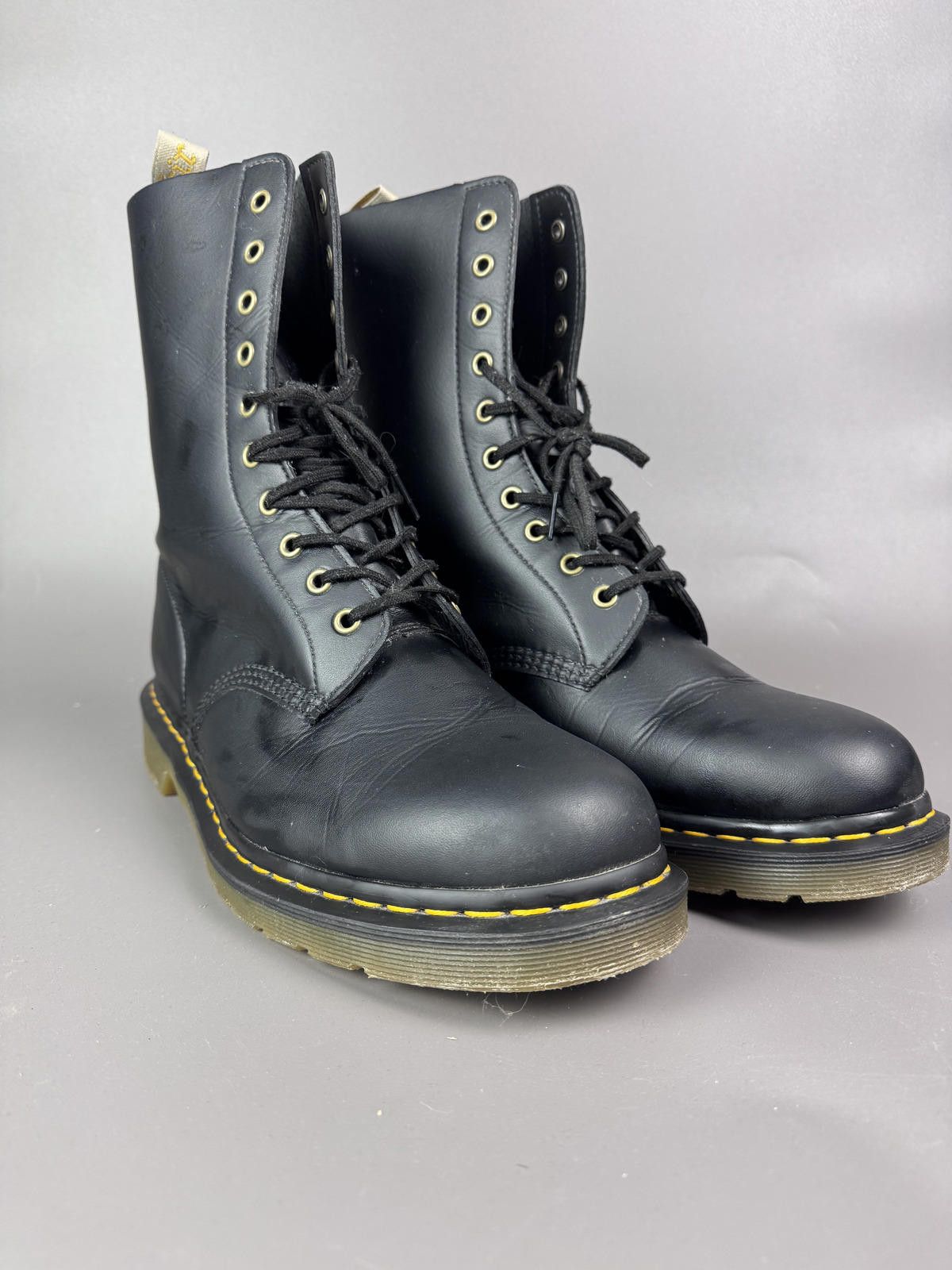 Dr. Martens Black Leather Lace-Up Combat Boots with Yellow Stitching Size US 14 / EU 47 - 1 Thumbnail