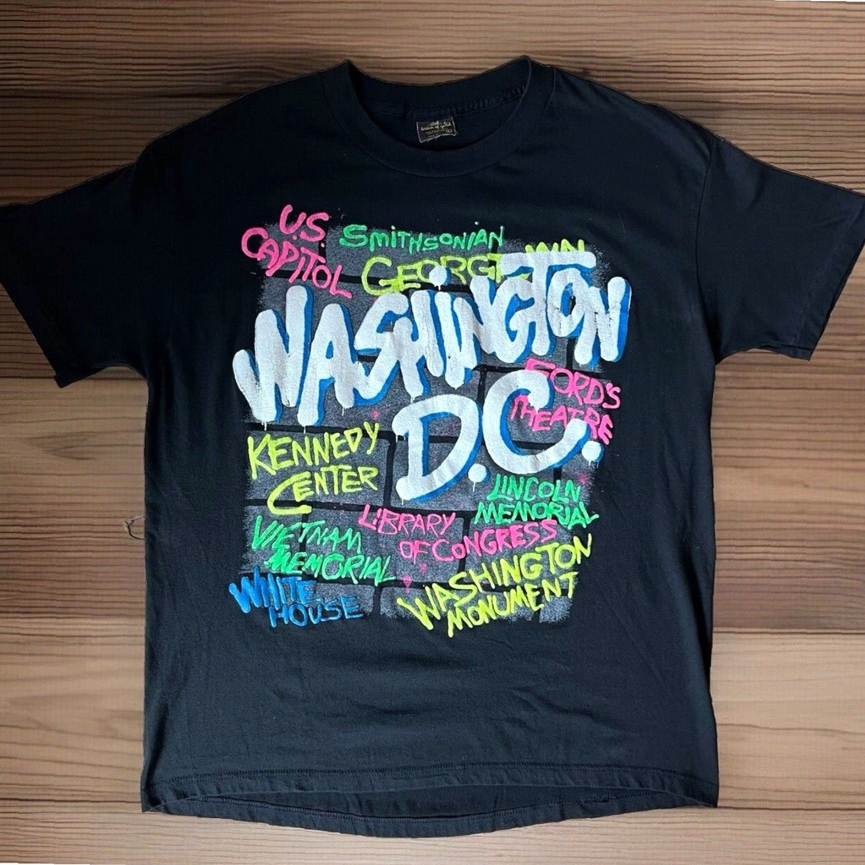 Vintage VINTAGE Washington DC Shirt L Black 80s DMV Spray Paint Graffiti Memorial Men Short Sleeve Crew Neck 80s 90s USA Aerosmith Logo Graphic Print Size US L / EU 52-54 / 3 - 2 Thumbnail
