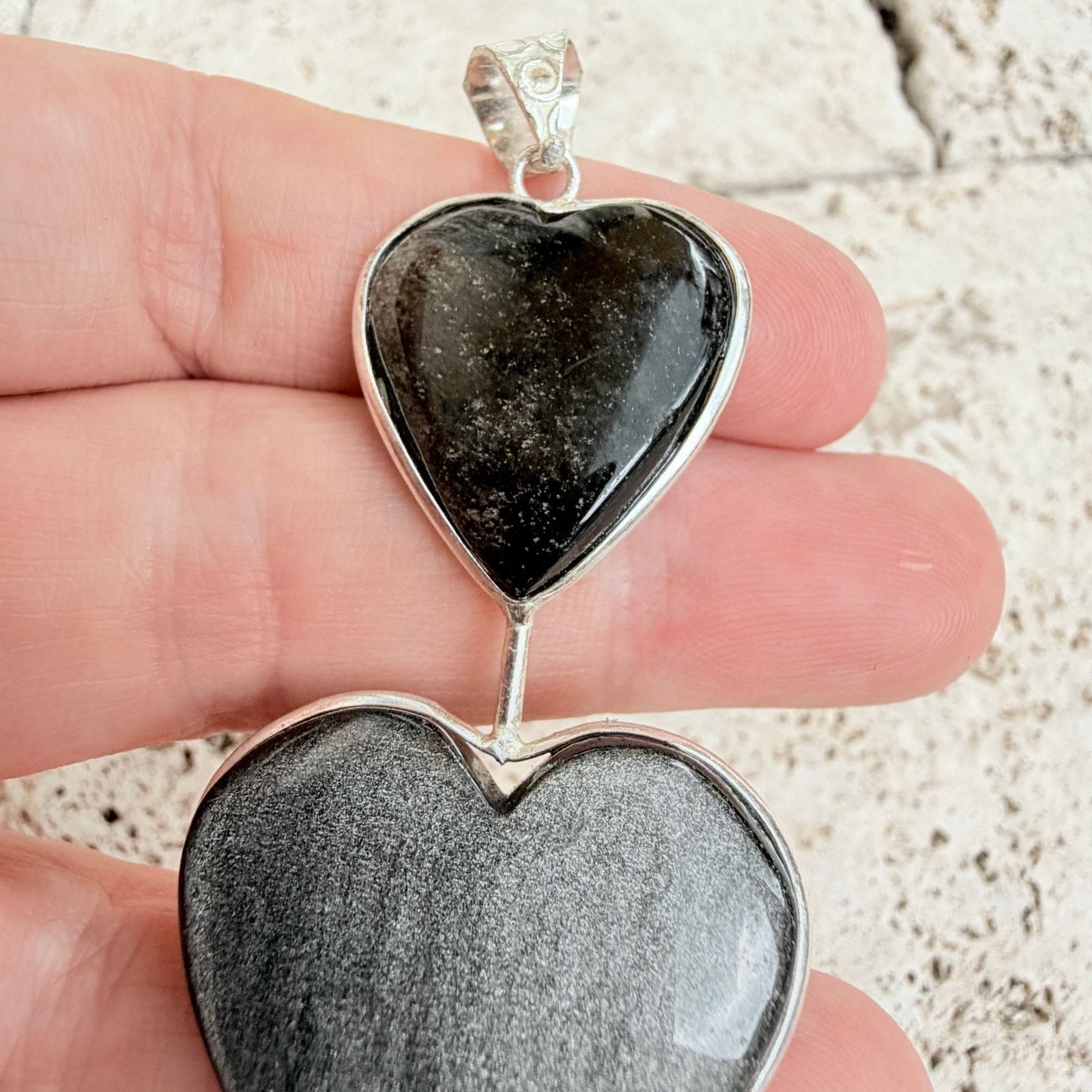 The Unbranded Brand Silver Obsidian Double Heart Pendant 925 Silver Overlayunb Size ONE SIZE - 4 Thumbnail