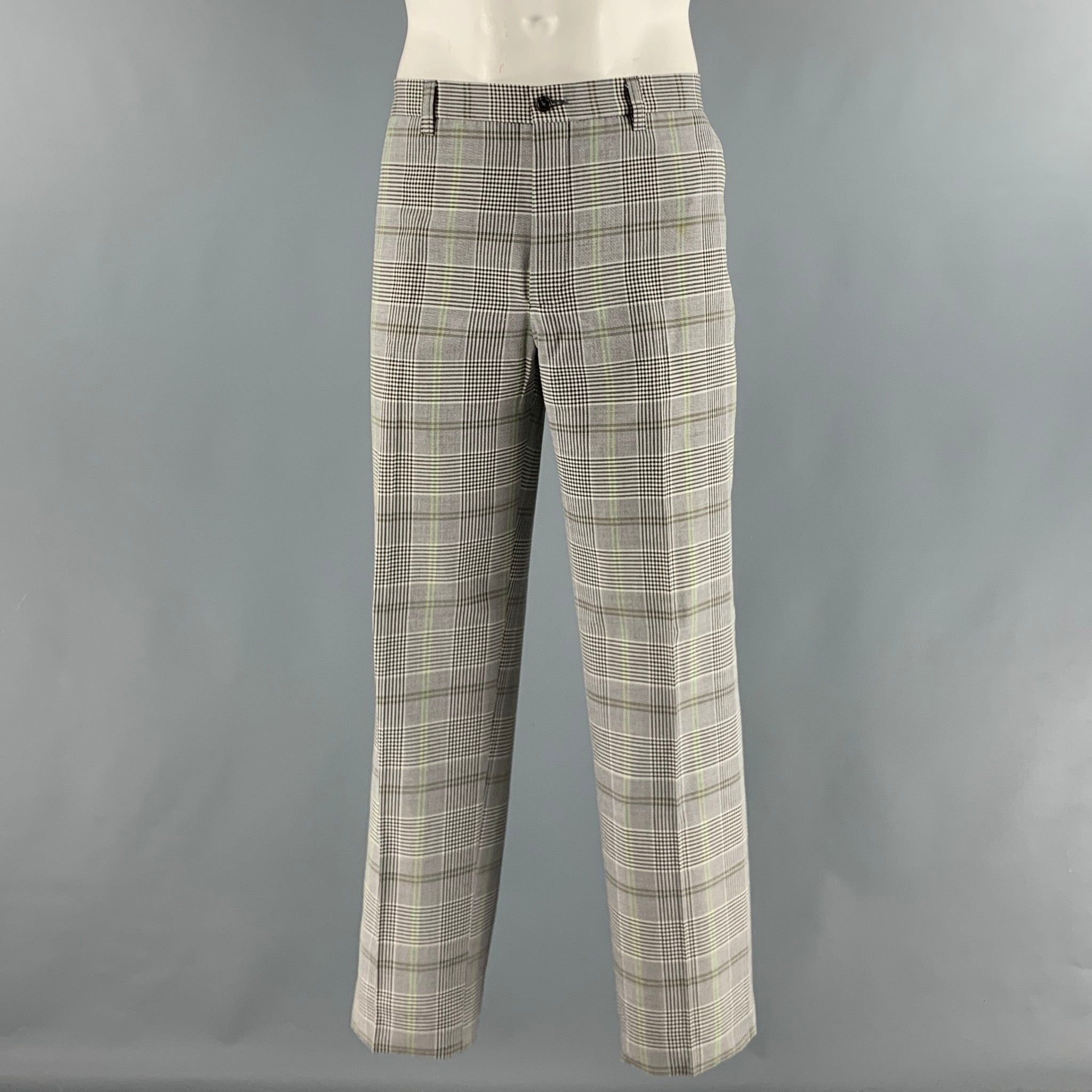 image of Etro White Black & Green Plaid Wool Cotton Zip Fly Dress Pants, Men's (Size 36)