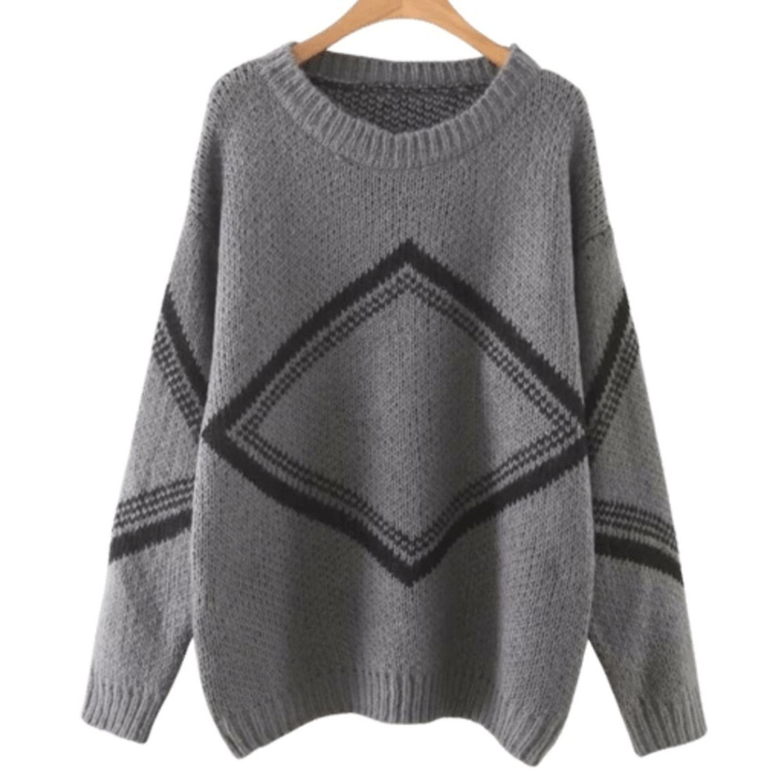 Other Handmade Knit Women’s Grey Geometric Retro Pullover Sweater Size L / US 10 / IT 46 - 12 Thumbnail
