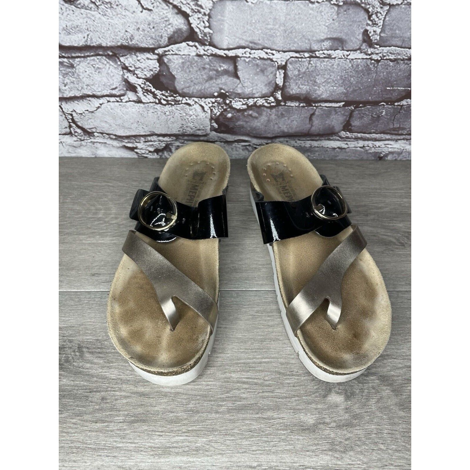 Mephisto Mephisto Silver Leather Black Patent Toe Strap Cork Wedge Sa Size US 8 / IT 38 - 1 Thumbnail