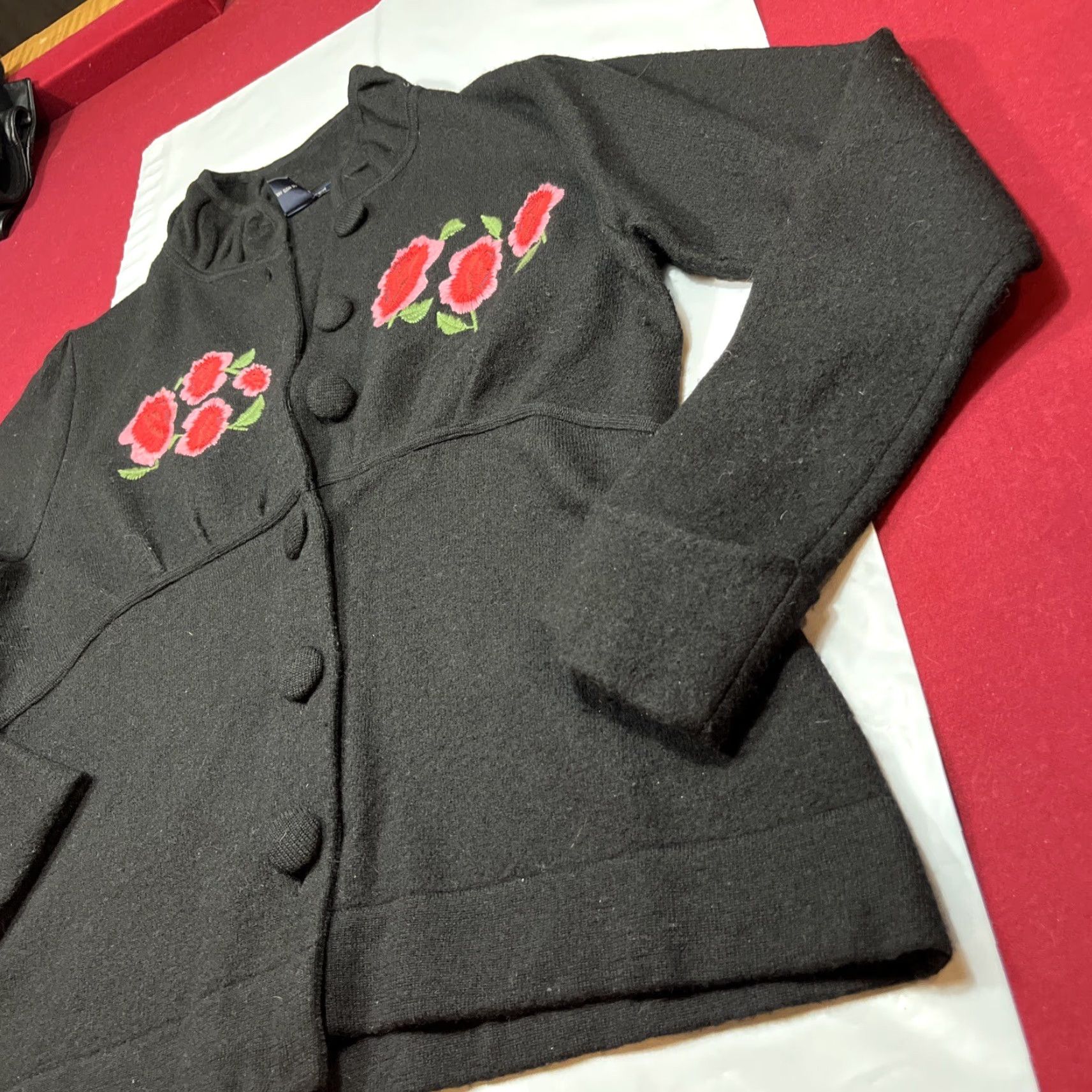Boston Proper L BLACK Wool PINK ROSES SWEATER Cardigan BUTTON High Collar Jacket Coat Size L / US 10 / IT 46 - 3 Thumbnail