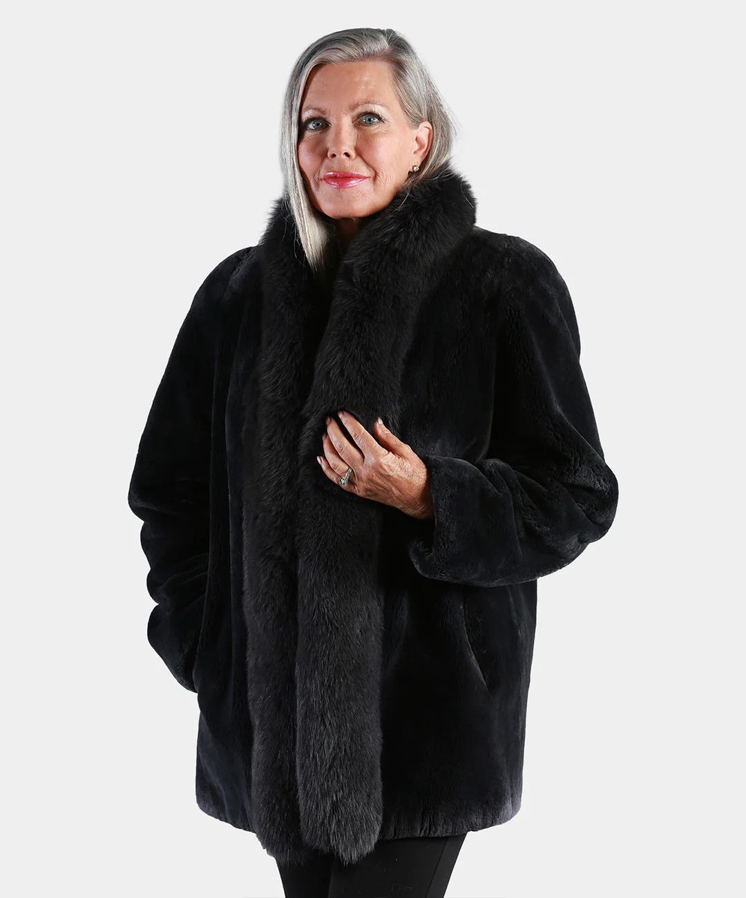 image of Mink Fur Coat Women's Black Sheared Mink Fur Jacket With Fox Tuxedo