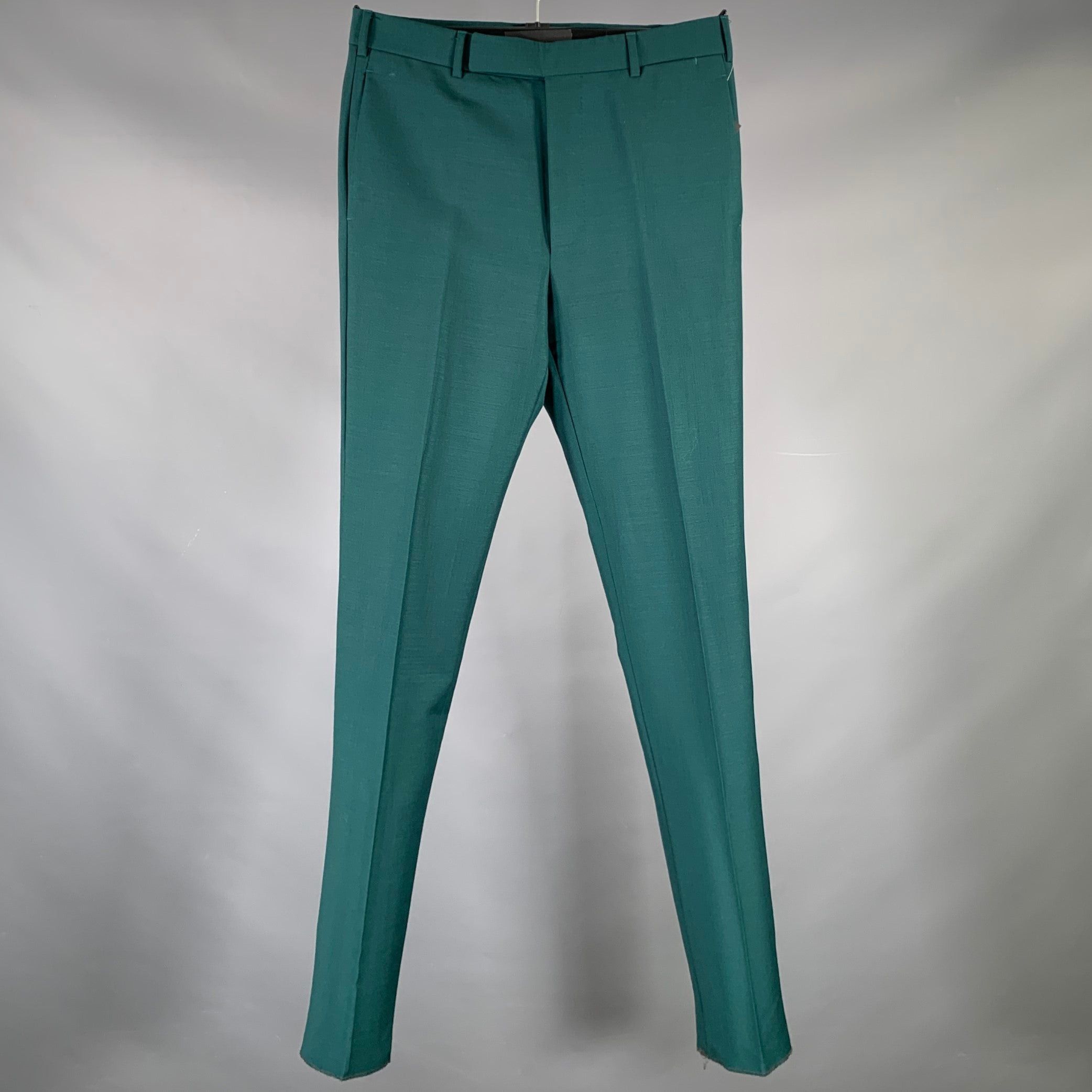 image of Prada Green Wool Mohair Button Fly Dress Pants, Men's (Size 30)