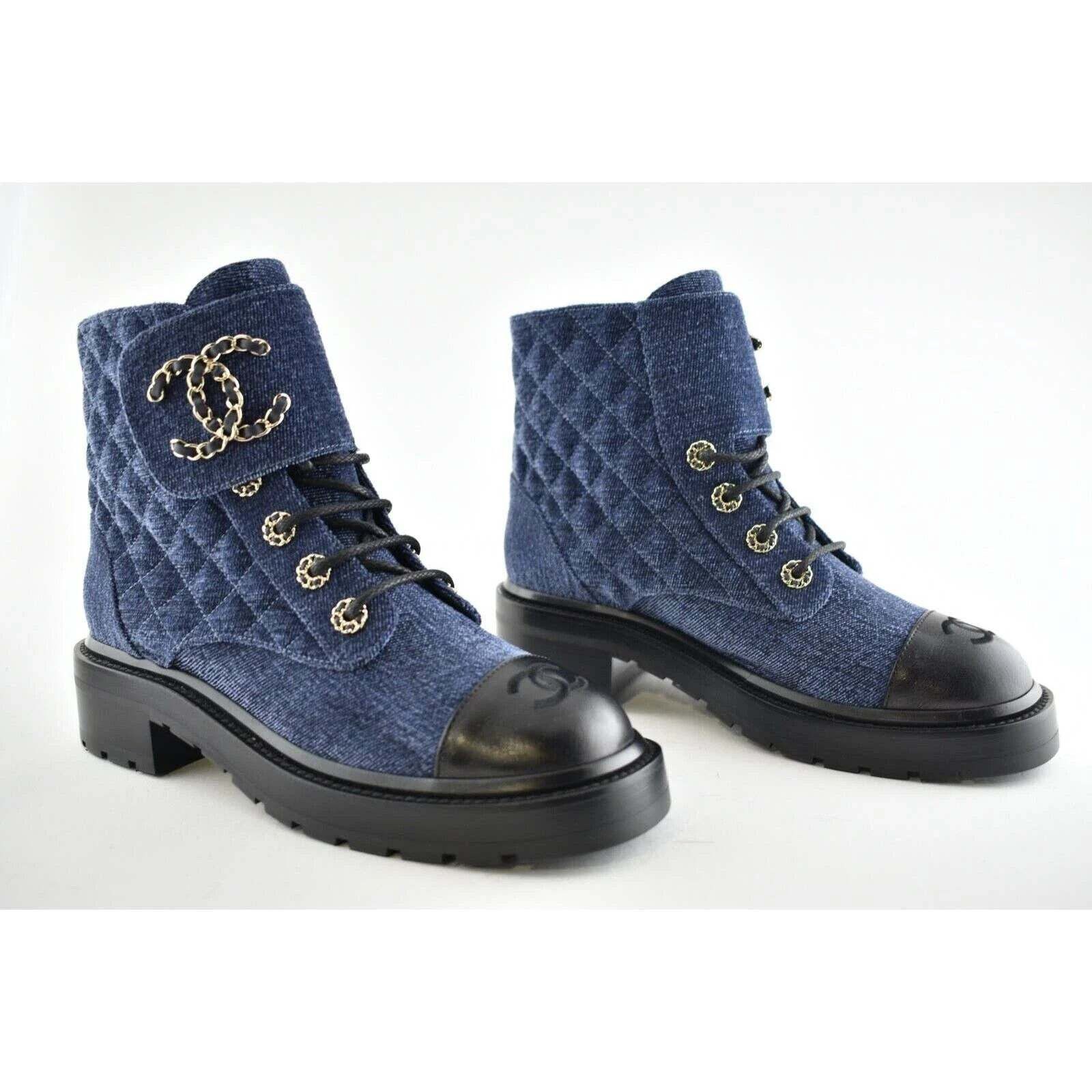 Chanel 21A Blue Black Quilted CC Chain Combat Lace Up