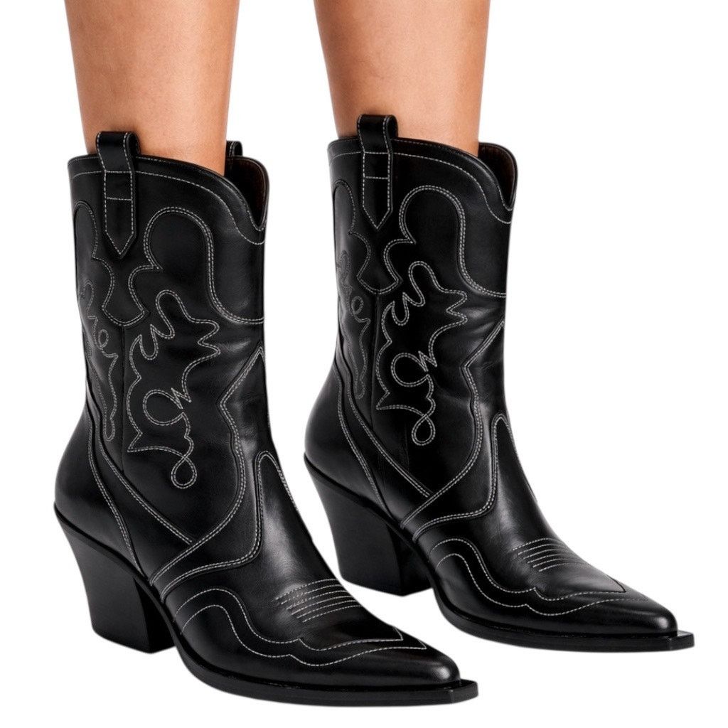 Mango Mango Leather Cowboy Ankle Boots Embroidery Black 39/ 8.5 Size US 8.5 / IT 38.5 - 2 Thumbnail