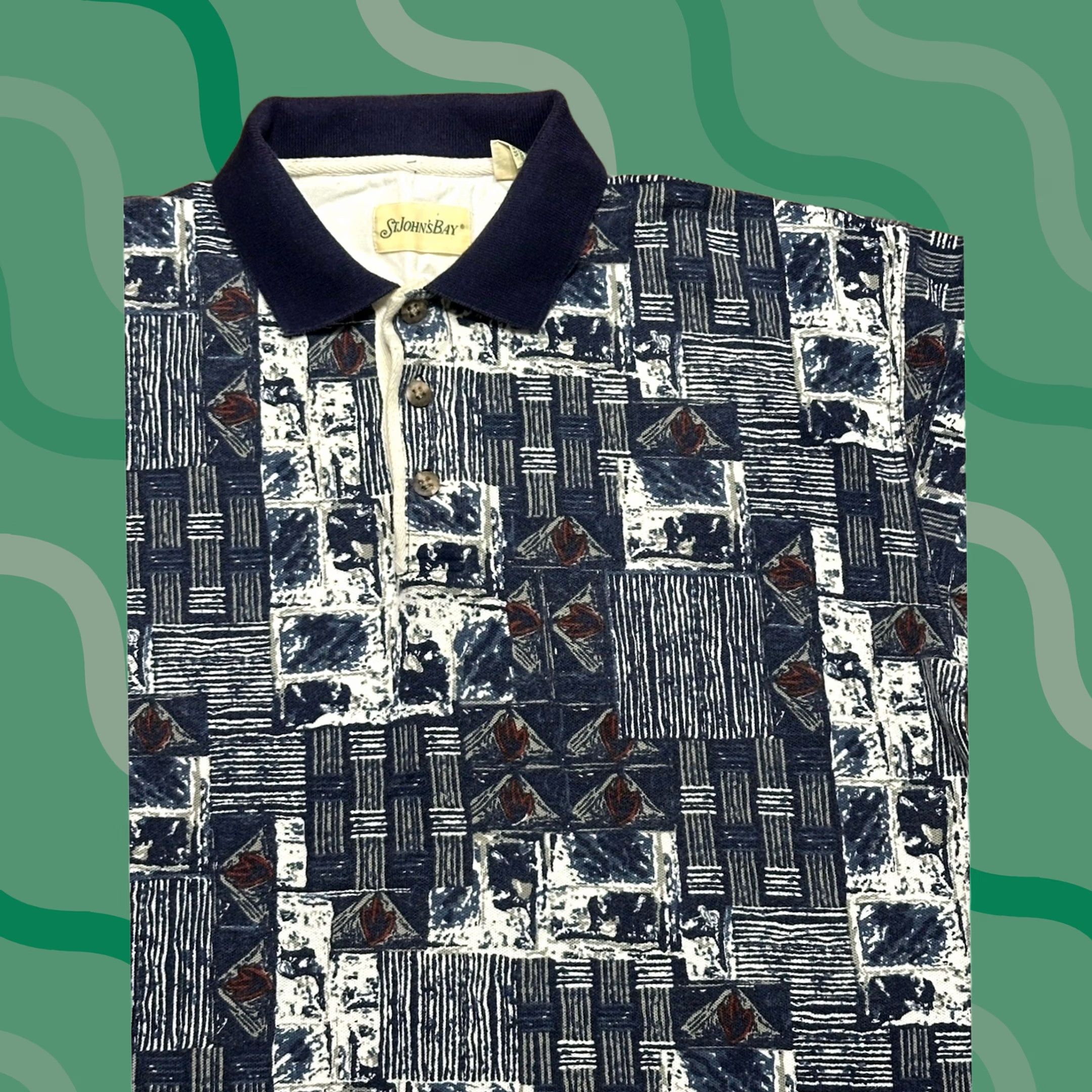 Vintage VINTAGE St John's Bay Polo Shirt Men Sz Large Blue Abstract Geometric Pattern Size US L / EU 52-54 / 3 - 1 Thumbnail