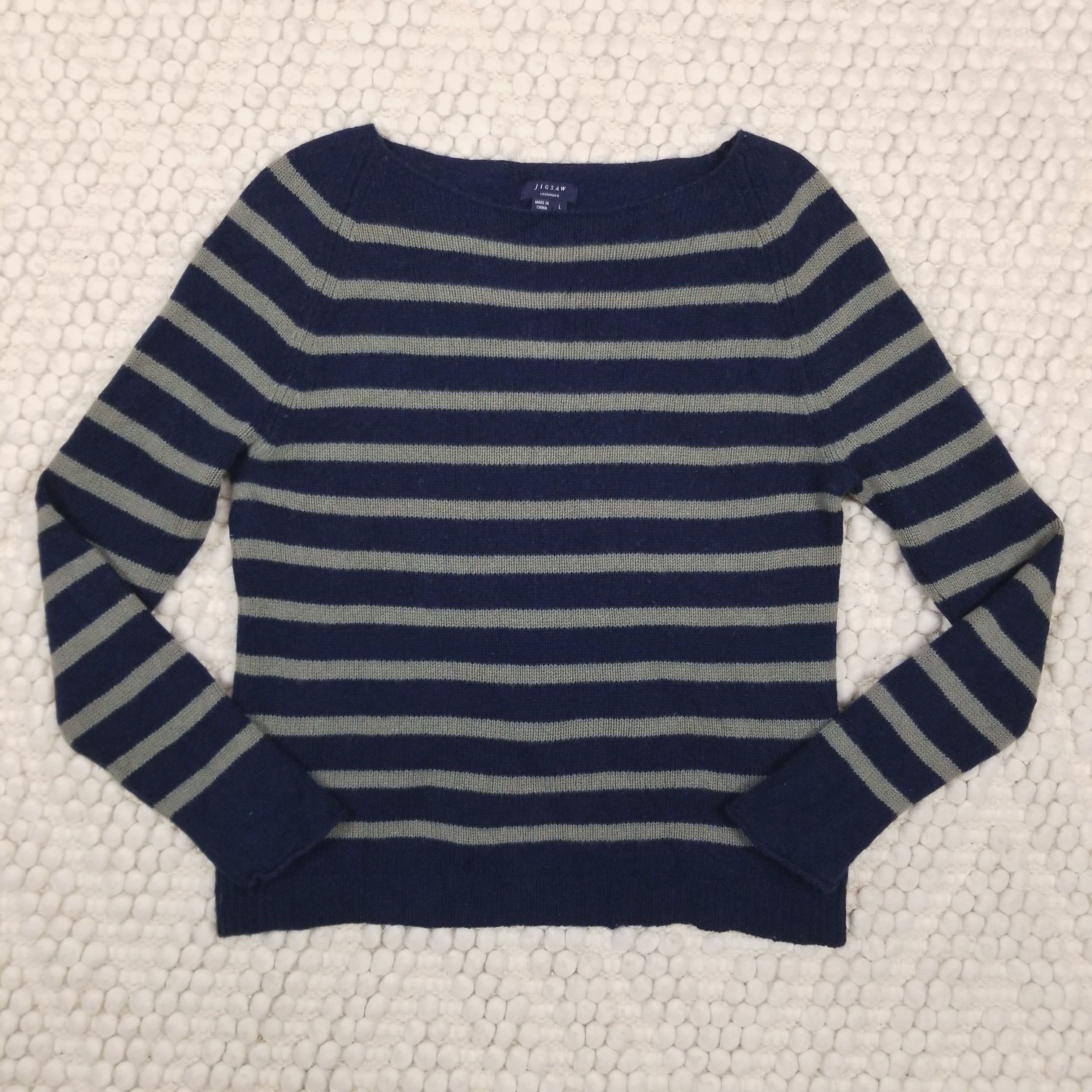 Jigsaw Edie Cashmere Sweater Navy Blue Gray Stripe Size L / US 10 / IT 46 - 6 Thumbnail