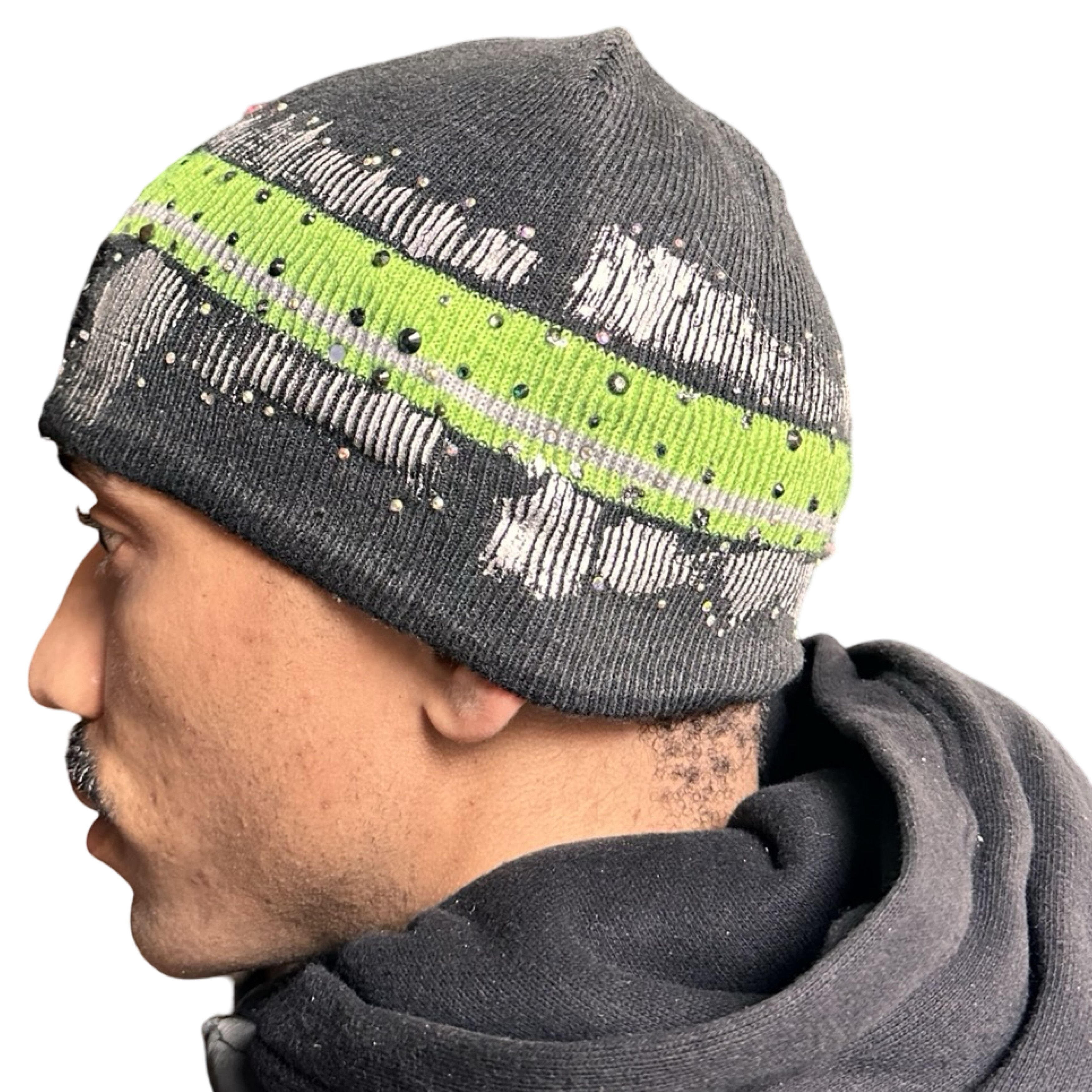 Vintage ASTROBOI Grey Beanie w/ Green Stripe & Rhinestones – OS* Size ONE SIZE - 6 Thumbnail