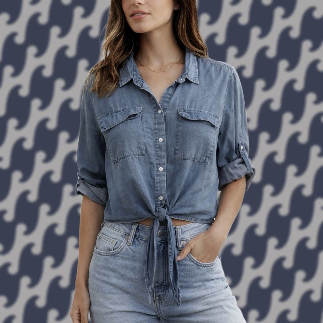 Denime Y2K Chambray Tie Front Crop Shirt Womens XL Lyocell Denim Soft Lightweight Shirt Size XL / US 12-14 / IT 48-50 - 1 Thumbnail