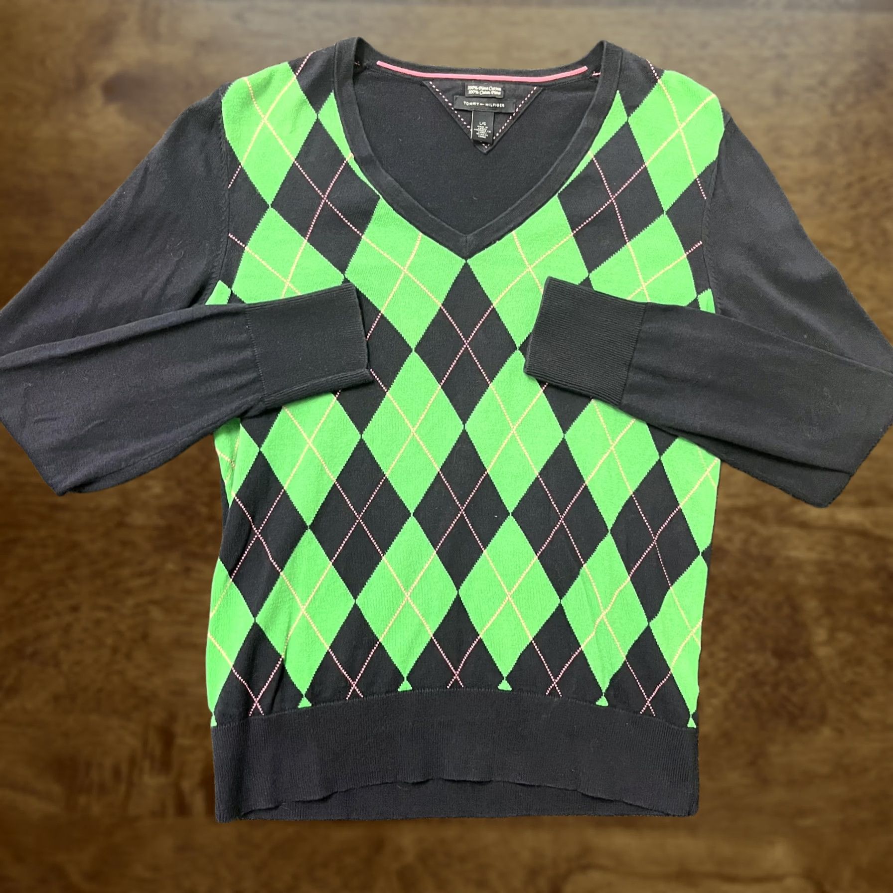 Tommy Hilfiger Tommy Hilfiger Sweater Mens Large Blue Green Argyle V Neck Pima Cotton Knit Size US L / EU 52-54 / 3 - 1 Thumbnail