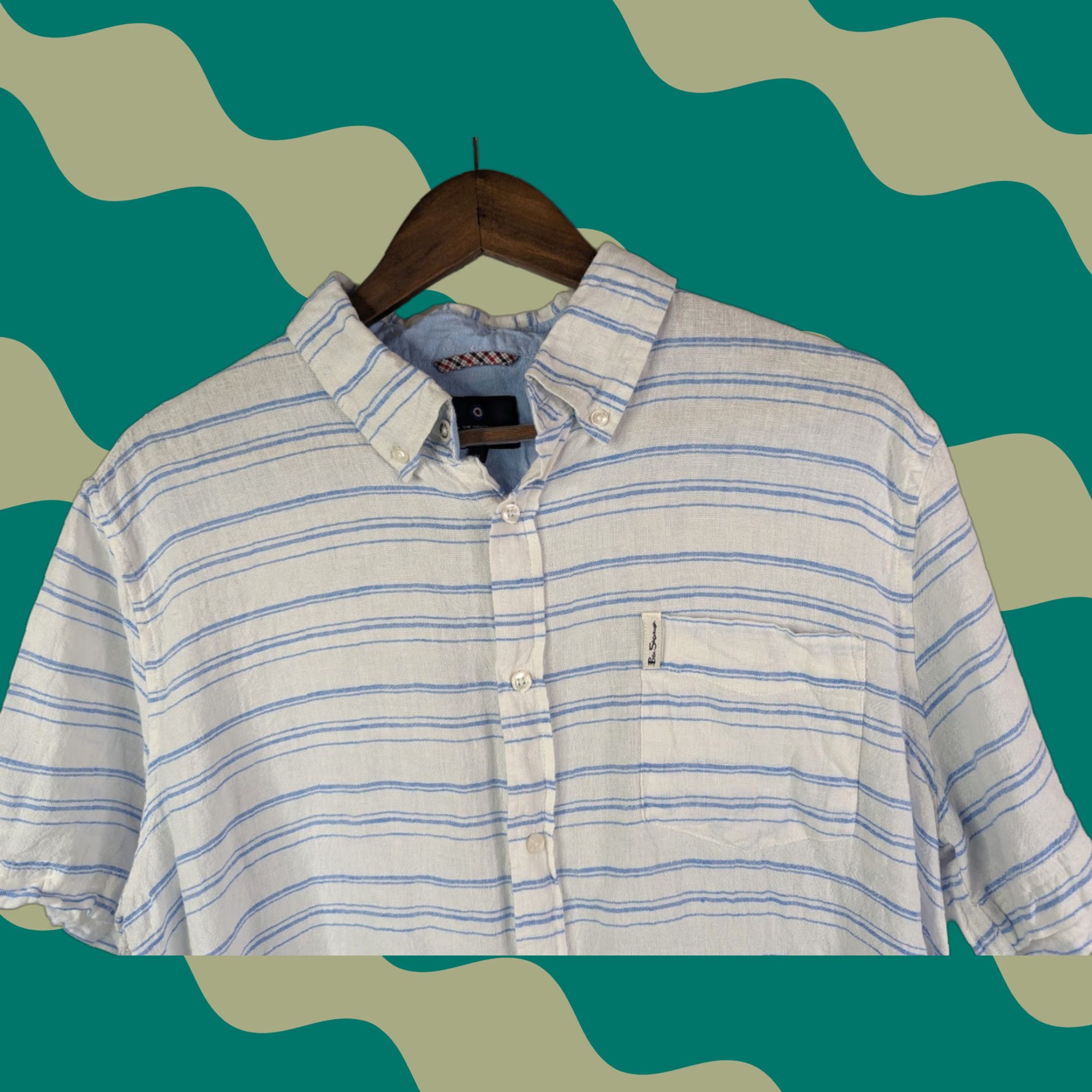 Ben Sherman Ben Sherman Shirt Button-Down Short Sleeve Linen Rayon Striped White Blue XL Mens Size US XL / EU 56 / 4 - 1 Thumbnail