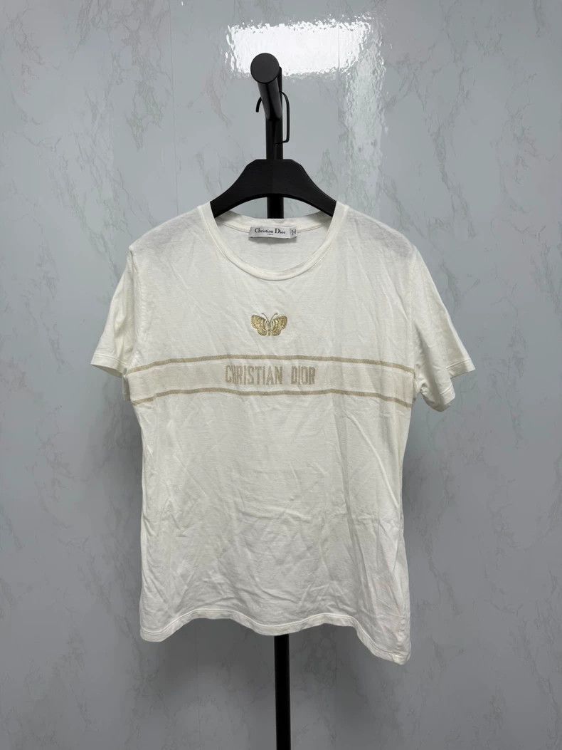 Dior New butterfly embroidery slogan logo gold thread shor