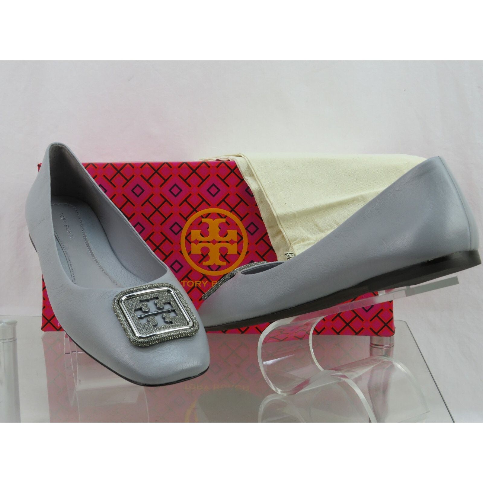 TORY BURCH GEORGIA GRAY LEATHER LOGO GRYSTALS REVA FLATS 11