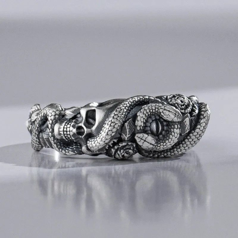 Jewelry × Vintage Vintage Silver Rose Skeleton Double Headed Snake Eye Ring Size ONE SIZE - 4 Thumbnail