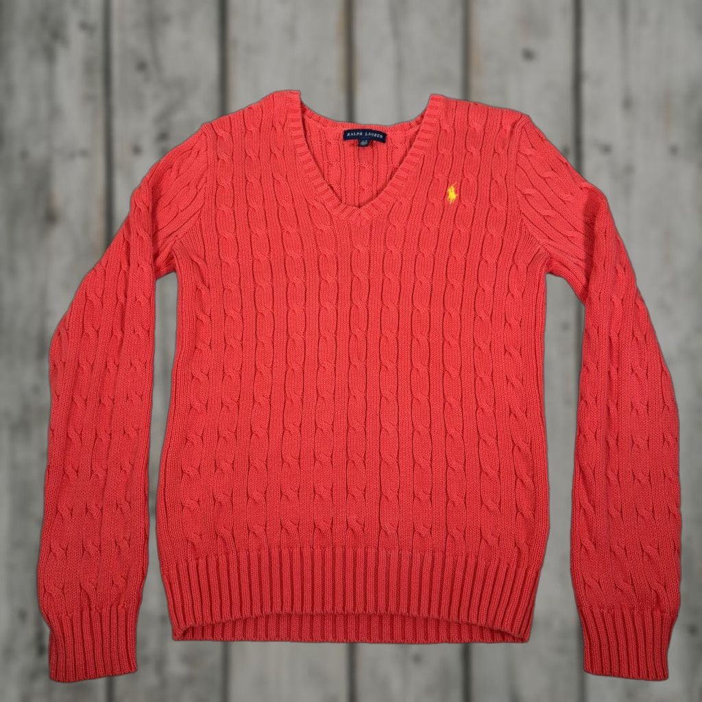 Polo Ralph Lauren Polo Ralph Lauren Sweater Women Large Red Cable Knit V Neck Cotton Pullover Pony Size L / US 10 / IT 46 - 1 Thumbnail