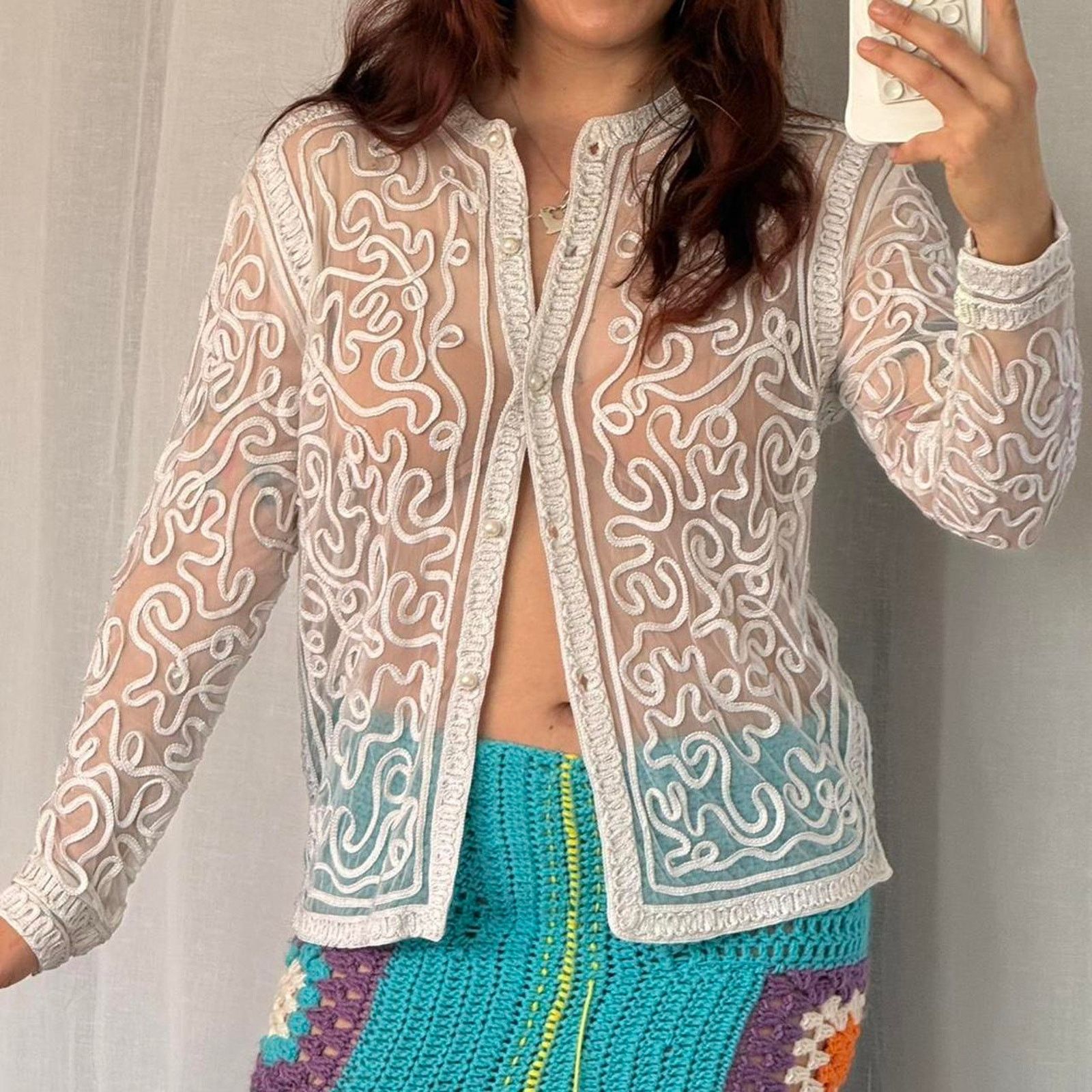Vintage ✦ SHEER EMBROIDERED LACE JACKET ✦ Size L / US 10 / IT 46 - 1 Thumbnail