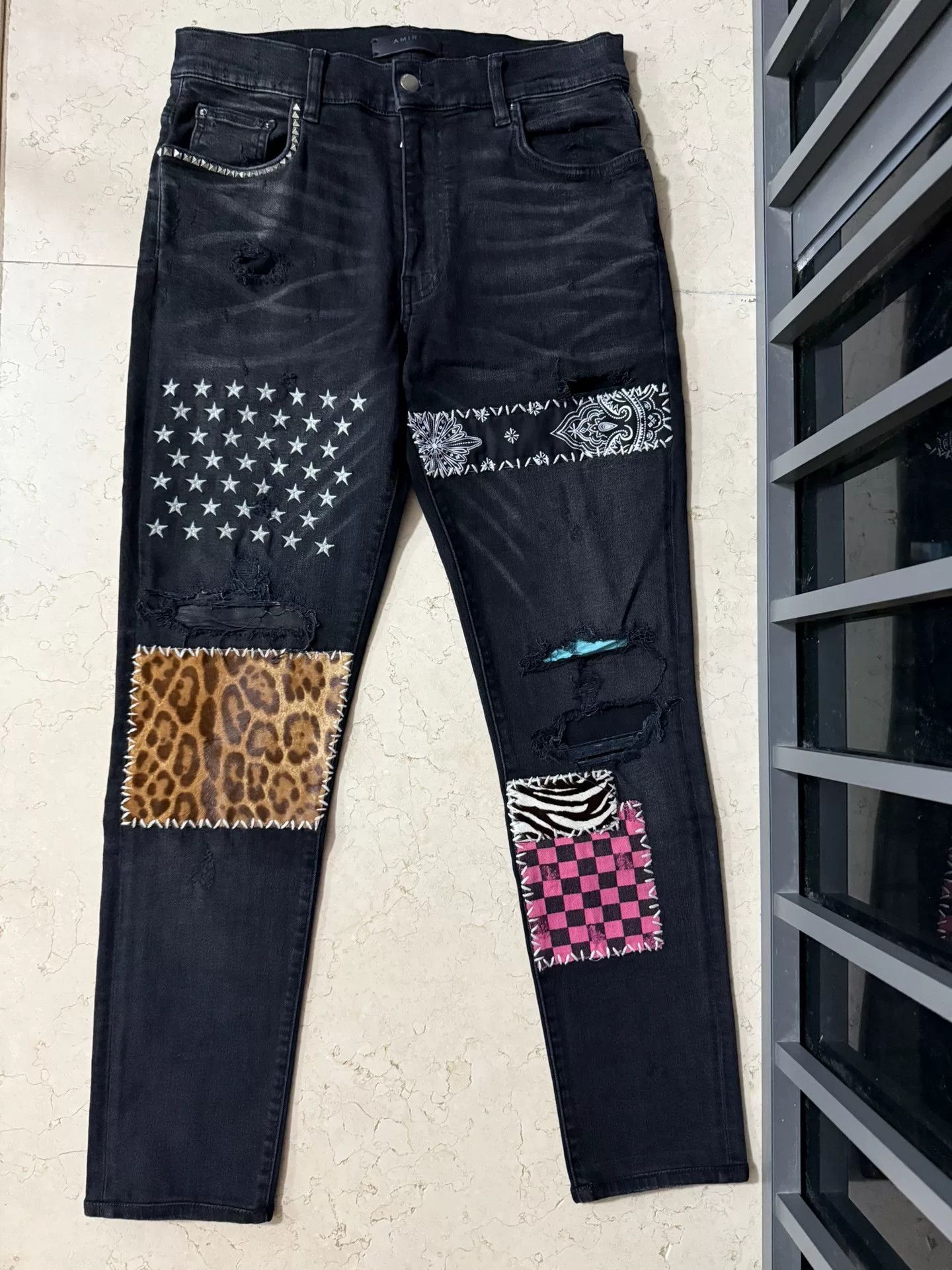 Amiri Amiri Black Patchwork Pattern Denim Pants Size US 33 - 1 Thumbnail