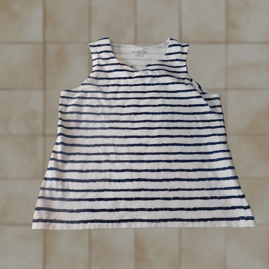 Vintage Allyson Whitmore Womens Blouse S Blue Stripe Crew Neck Pullover Casual Cotton Polyester Rayon Stretch Button Cap Sleeve Regular Size S / US 4 / IT 40 - 1 Thumbnail