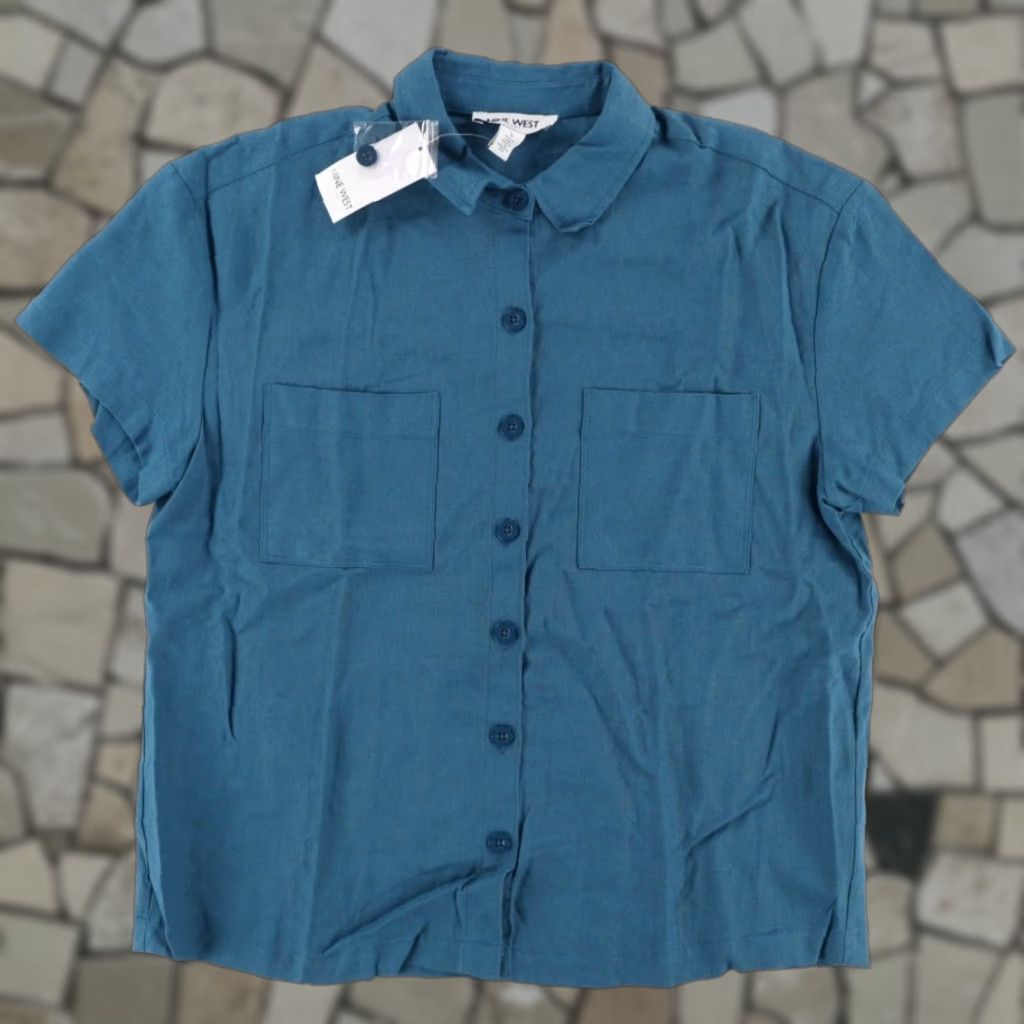 Nine West Nine West Shirt Teal Women's S Linen Cotton Oversized Button Up Size S / US 4 / IT 40 - 1 Thumbnail