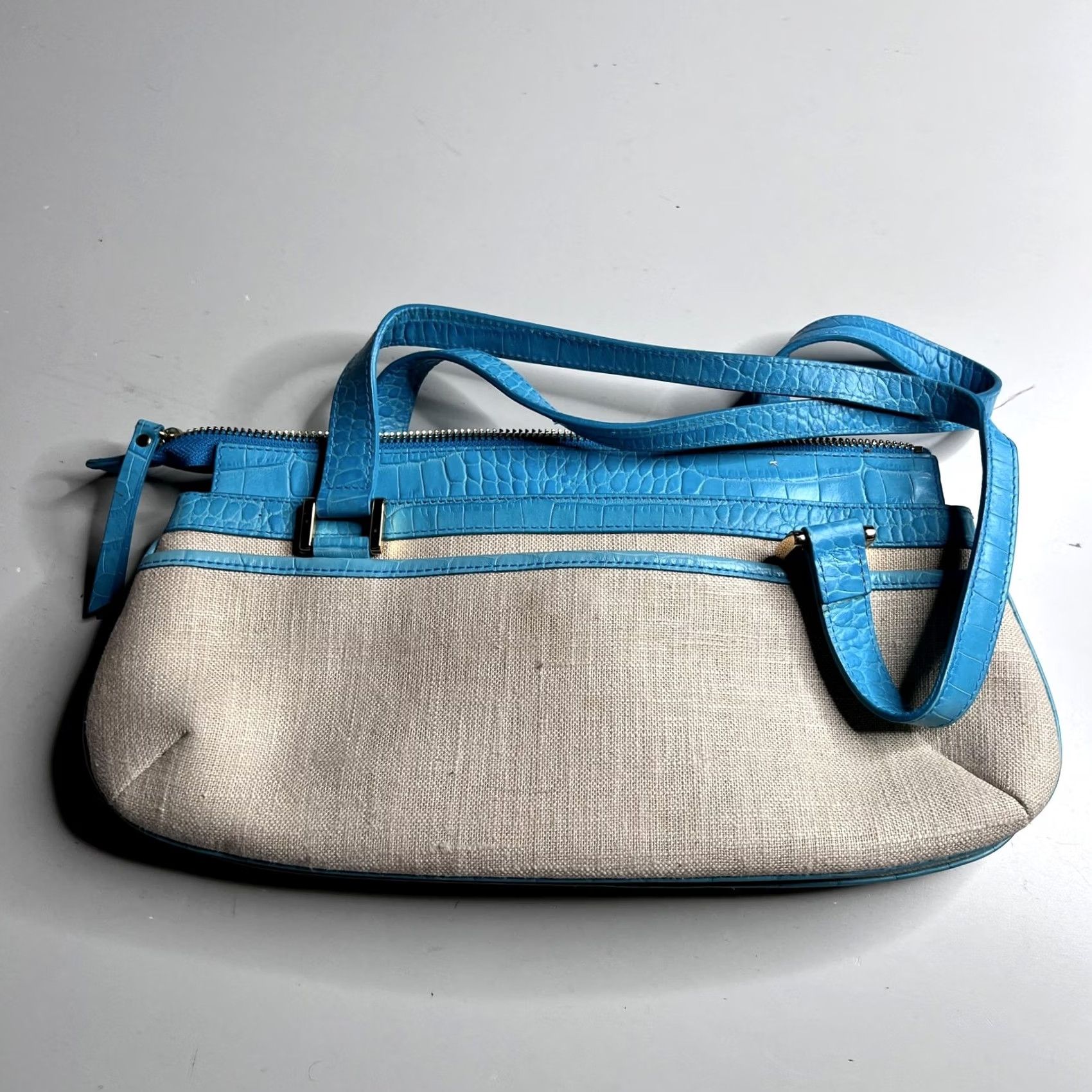 Ralph Lauren VINTAGE Lauren Ralph Lauren Shoulder Bag Womens Small Blue Canvas Croc Faux Leather Zip Size ONE SIZE - 5 Thumbnail