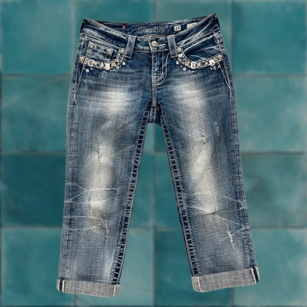 Miss Me Miss Me Jeans Women's 25 Cuff Capri Medium Blue Distressed Denim Thick Stitch Capri Jeans Women Size 42" / US 20 - 1 Thumbnail