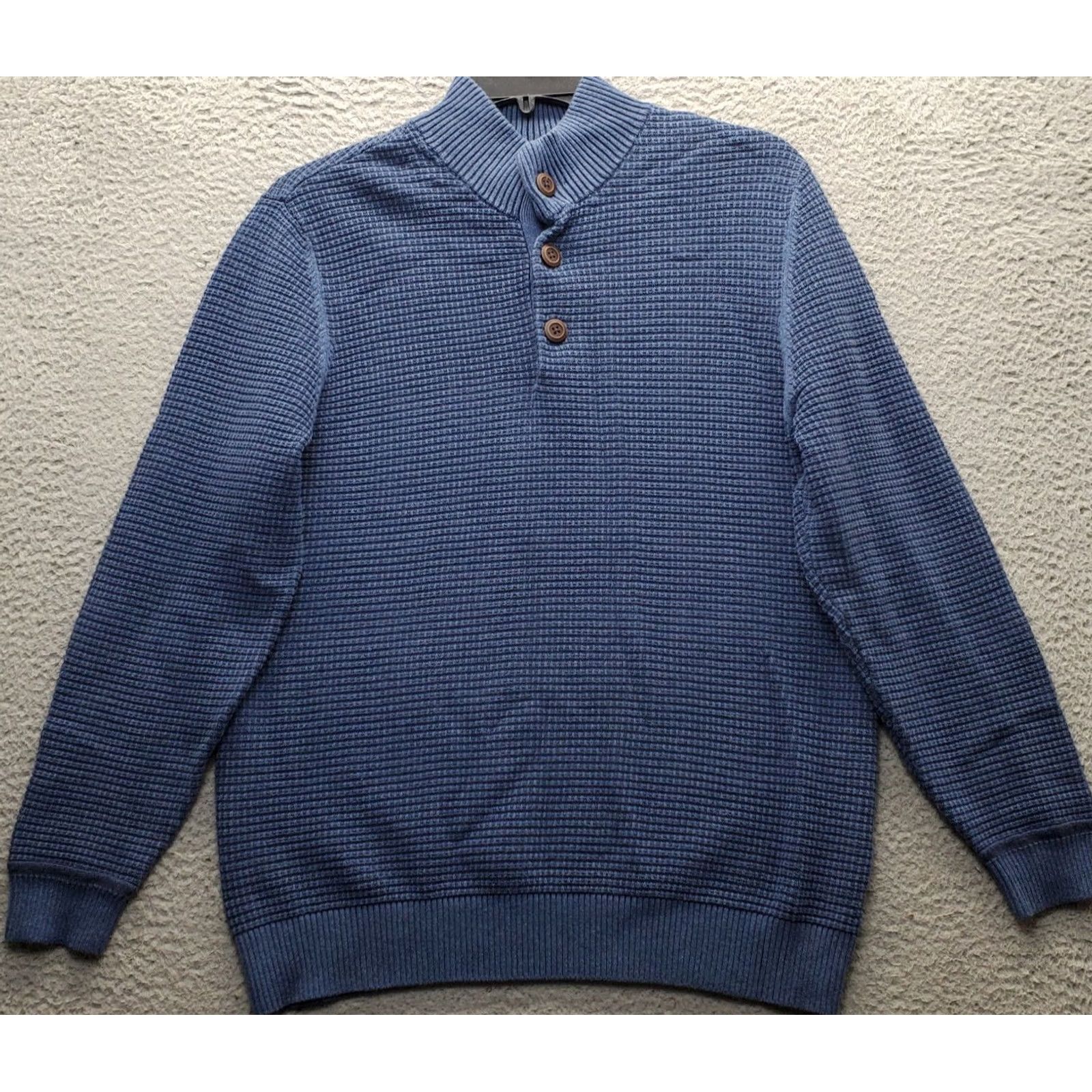 Vintage G.H. Bass & Co. Sweater Mens XL Blue Waffle-Knit Mock Neck 1/4 Button Pullover Size US XL / EU 56 / 4 - 2 Thumbnail