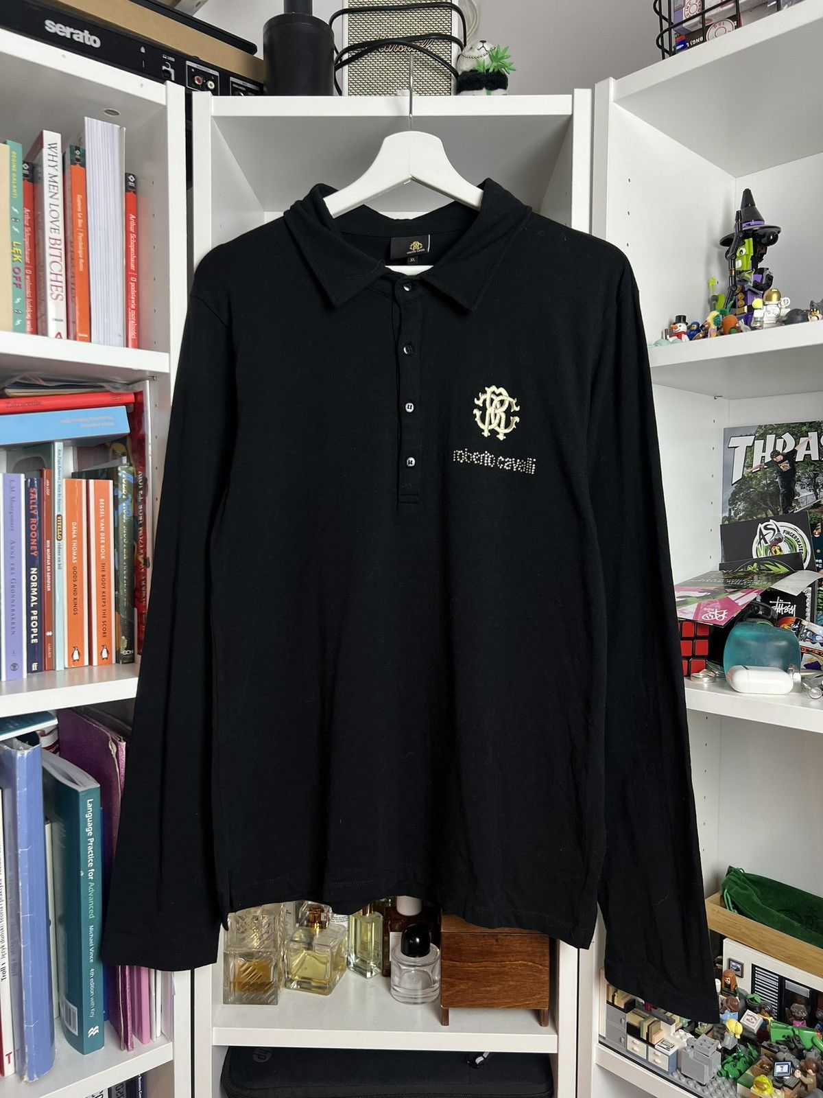 Roberto Cavalli glitter logo longsleeve polo t-shirt XL fit M