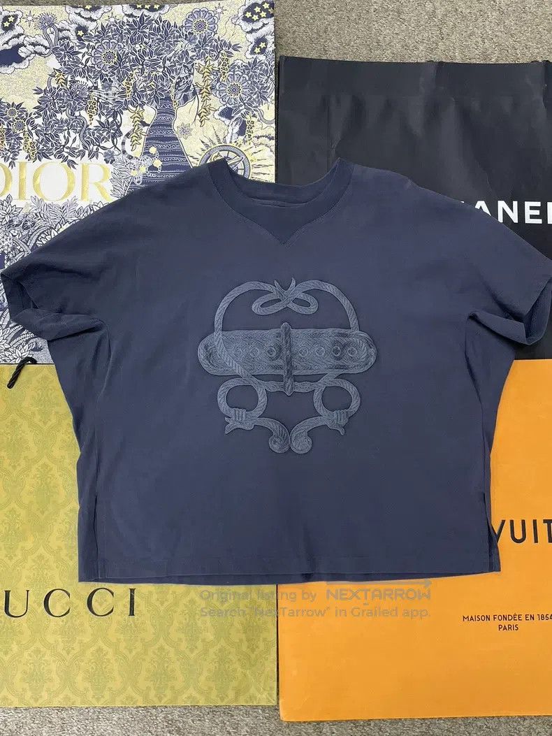 Hermes Navy Blue Embroidered Short Sleeve T-Shirt