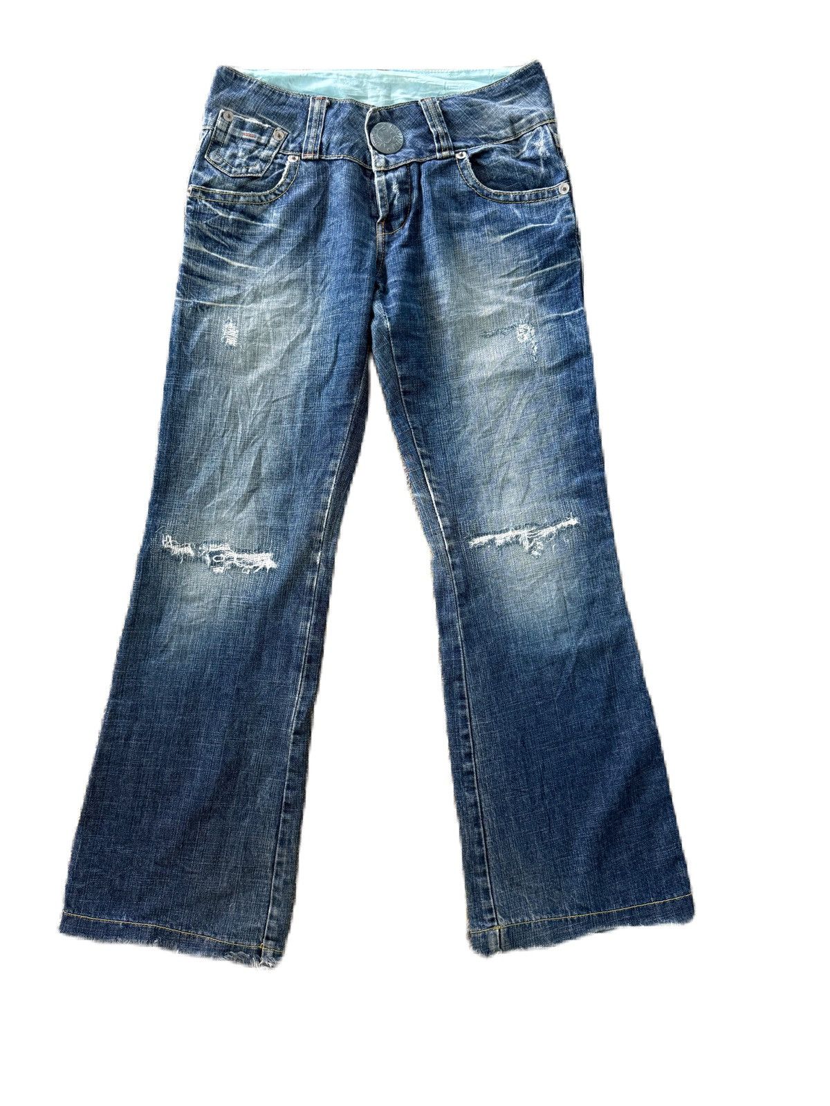 If Six Was Nine Super Flare Red Pepper Distress Denim Low Rise Size US 31 - 1 Thumbnail