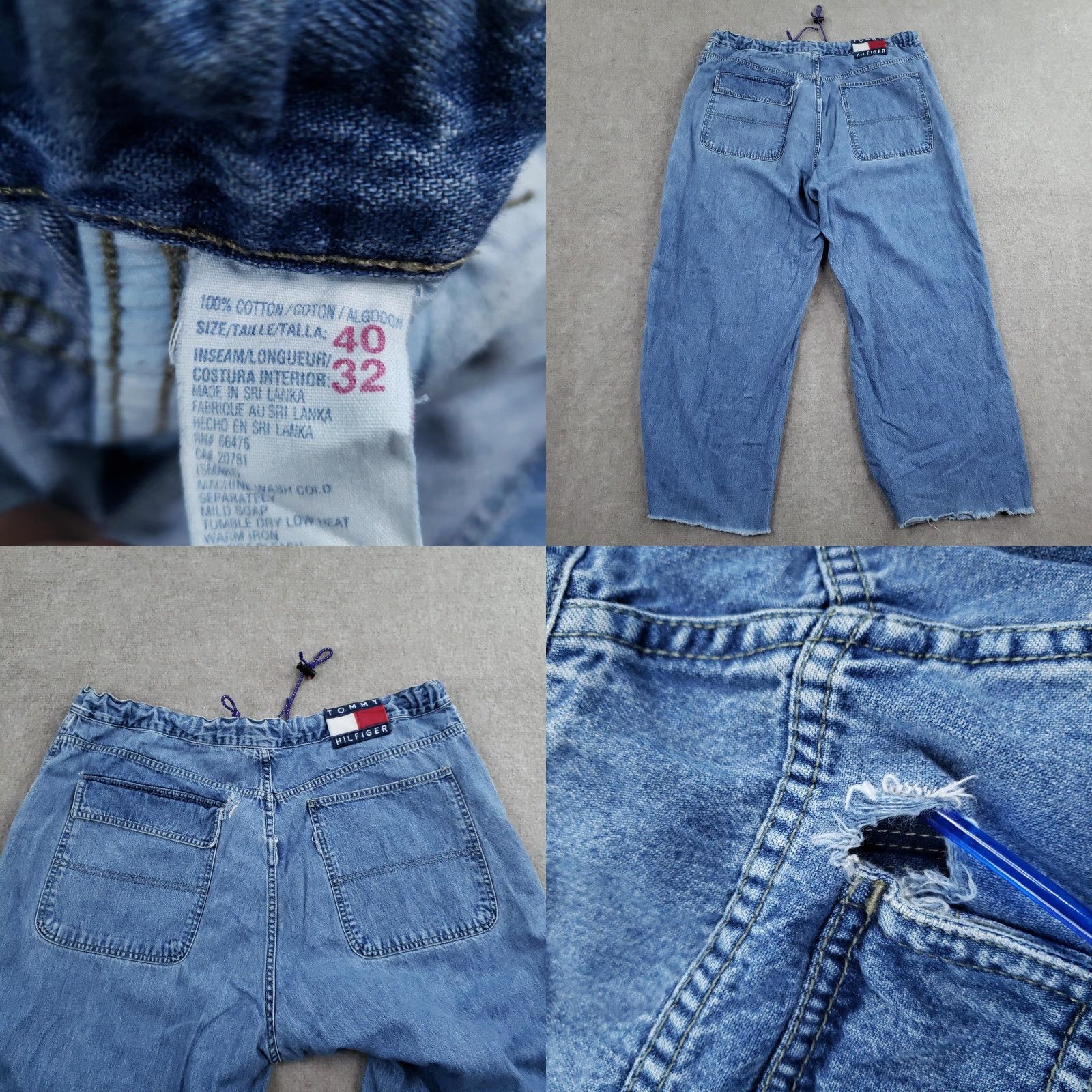 Tommy Hilfiger VINTAGE Tommy Hilfiger Jeans Men 40x32 Blue Wide Leg Baggy Drawstring Distressed Size US 40 / EU 56 - 9 Thumbnail