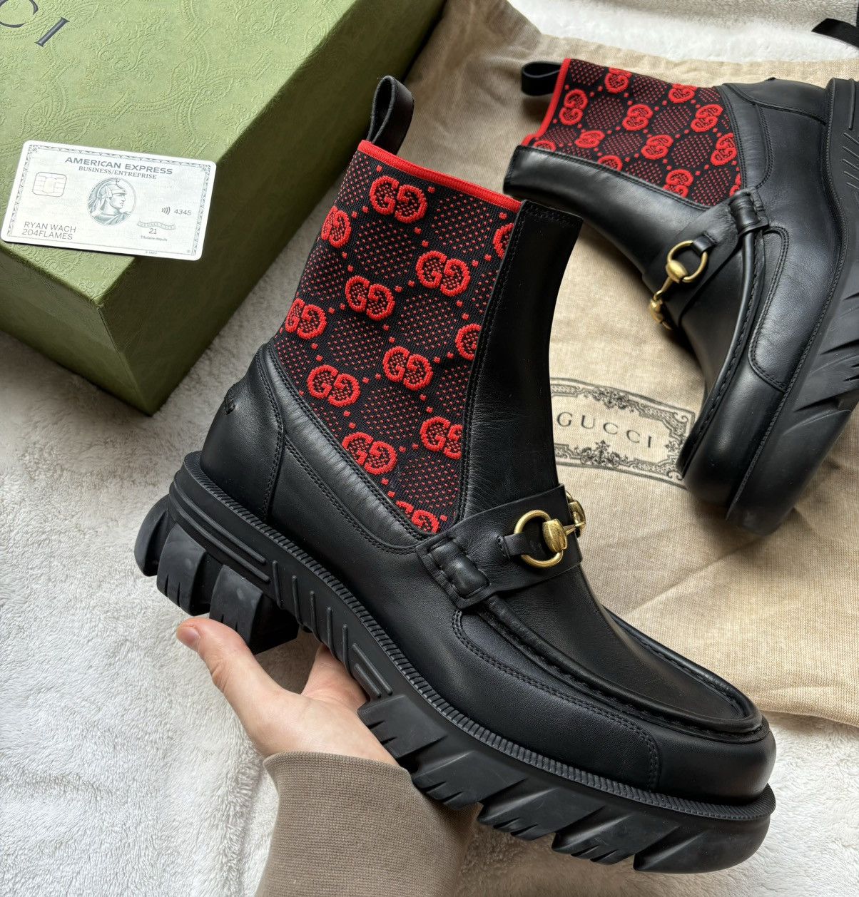 Gucci Gucci Black/Red Monogram GG Horsebit Chelsea Boots Size US 9.5 / EU 42-43 - 2 Thumbnail