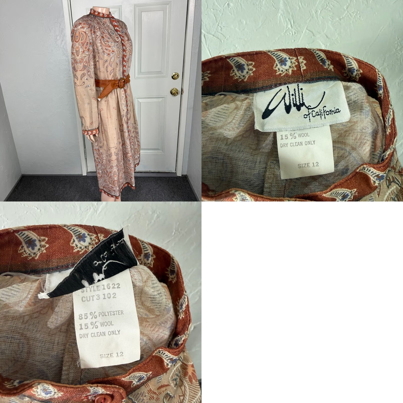 Vintage VINTAGE Willie of California Dress Womens 70s Wool Polyester Floral Knee Length Knit Belt Brown 70s Women S Long Sleeve Crew Neck Button Shirt Dress Size S / US 4 / IT 40 - 8 Thumbnail