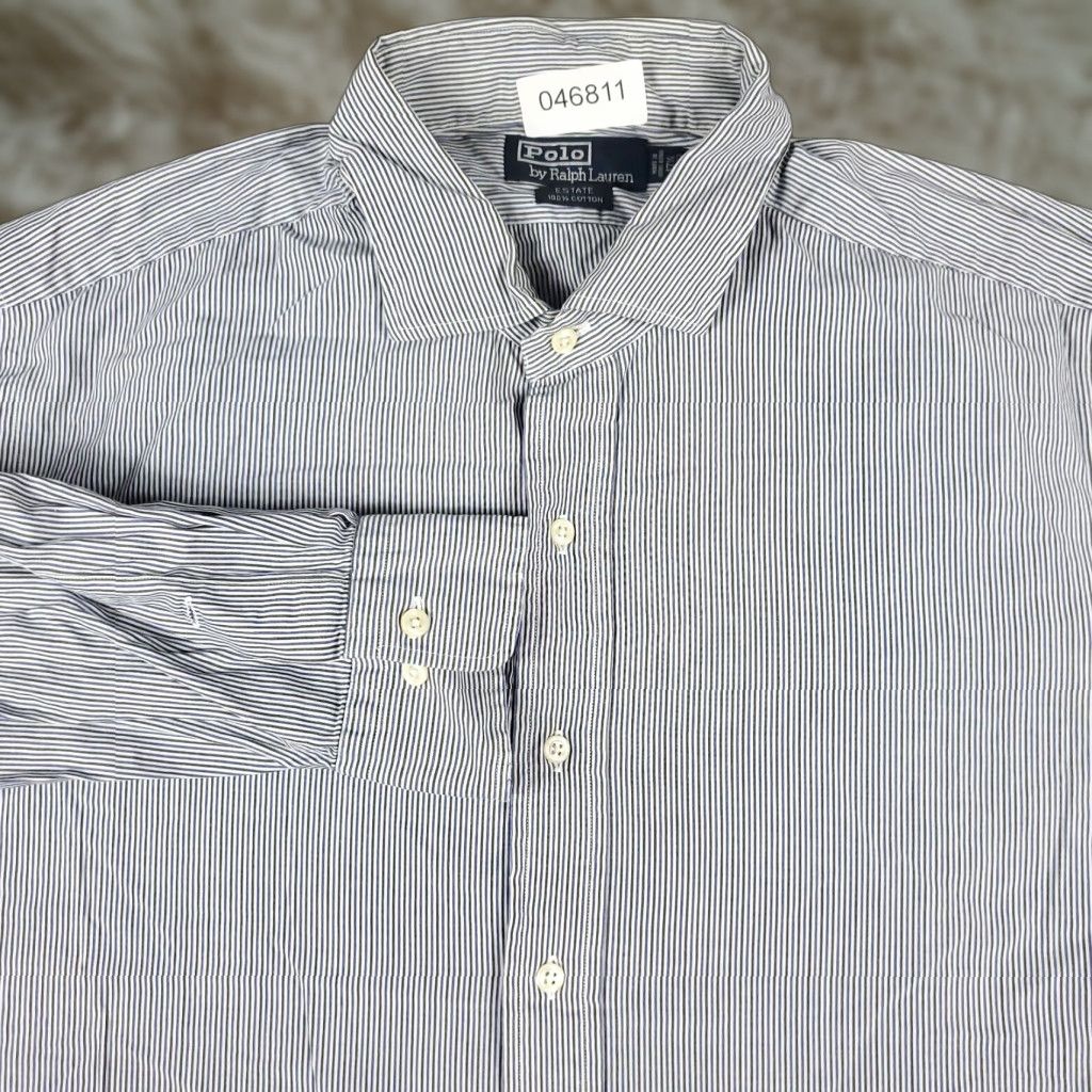 Ralph Lauren Ralph Lauren Shirt Mens 17.5 Blue Striped Dress Button Up Long Sleeve - Classic American Formal Casual Dress Shirt, 17.5 Neck, Blue, Cotton Size 46R - 1 Thumbnail